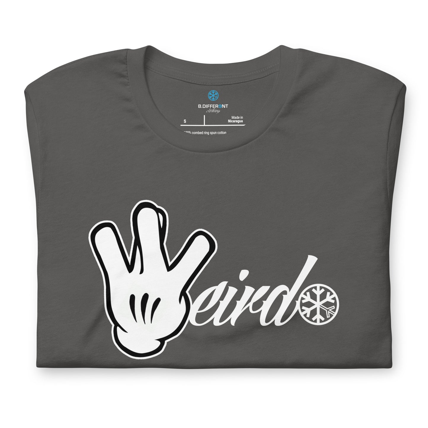 Gray-Weirdo Hand Sign Tee from B.Different Clothing, folded, graffiti-inspired streetwear t-shirt