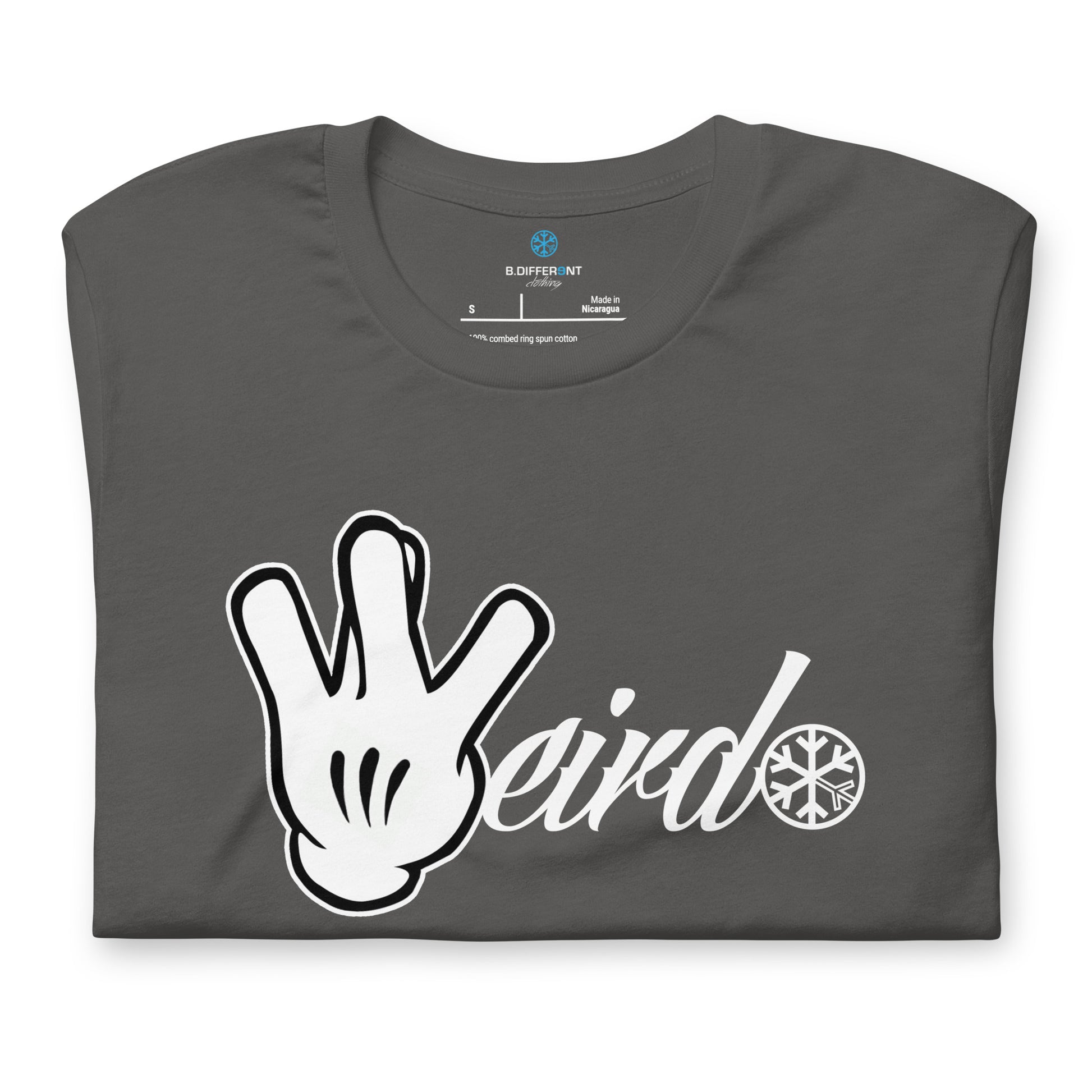 Gray-Weirdo Hand Sign Tee from B.Different Clothing, folded, graffiti-inspired streetwear t-shirt
