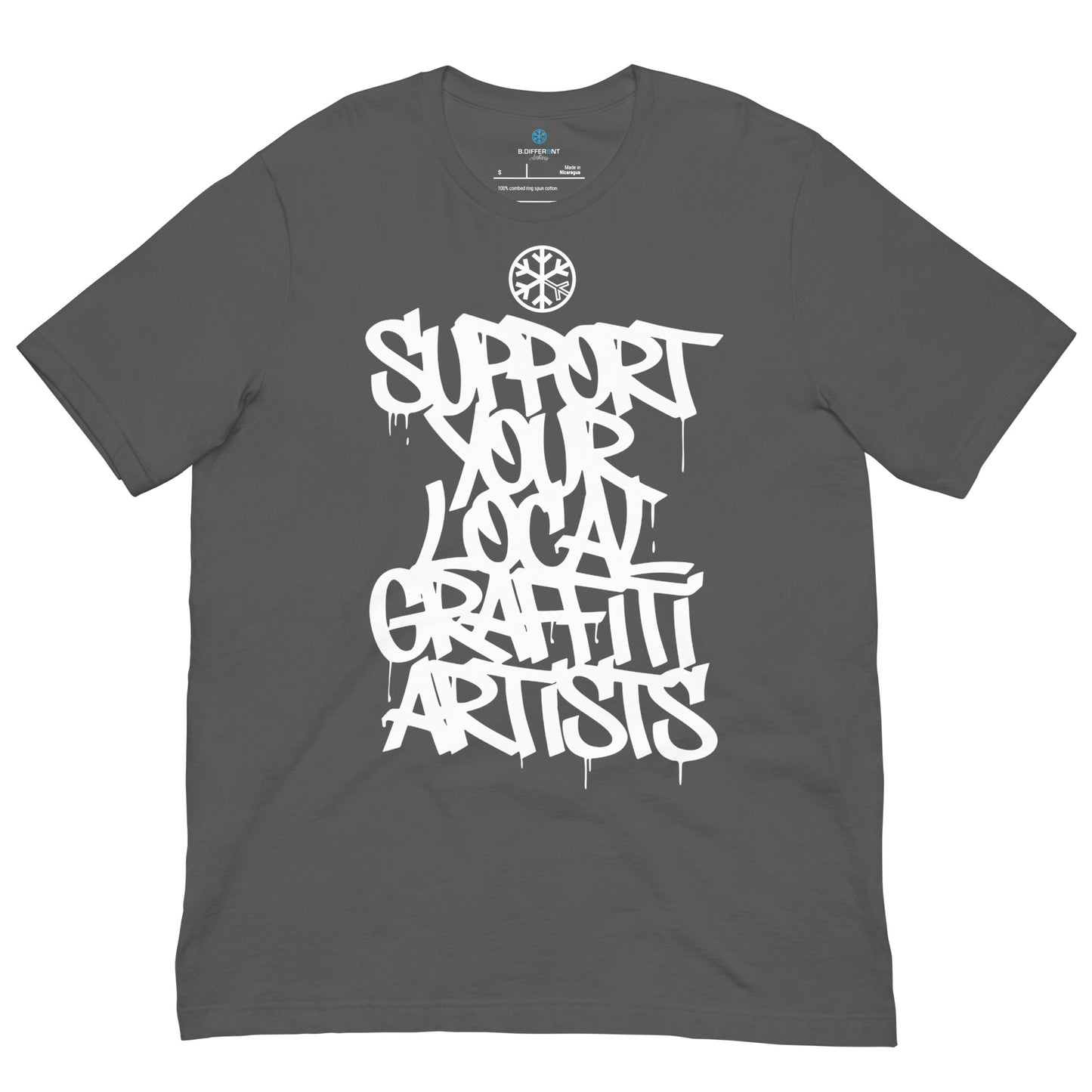 Gray-Support Your Local Graffiti Artists Tee from B.Different Clothing, front view, graffiti-inspired streetwear t-shirt