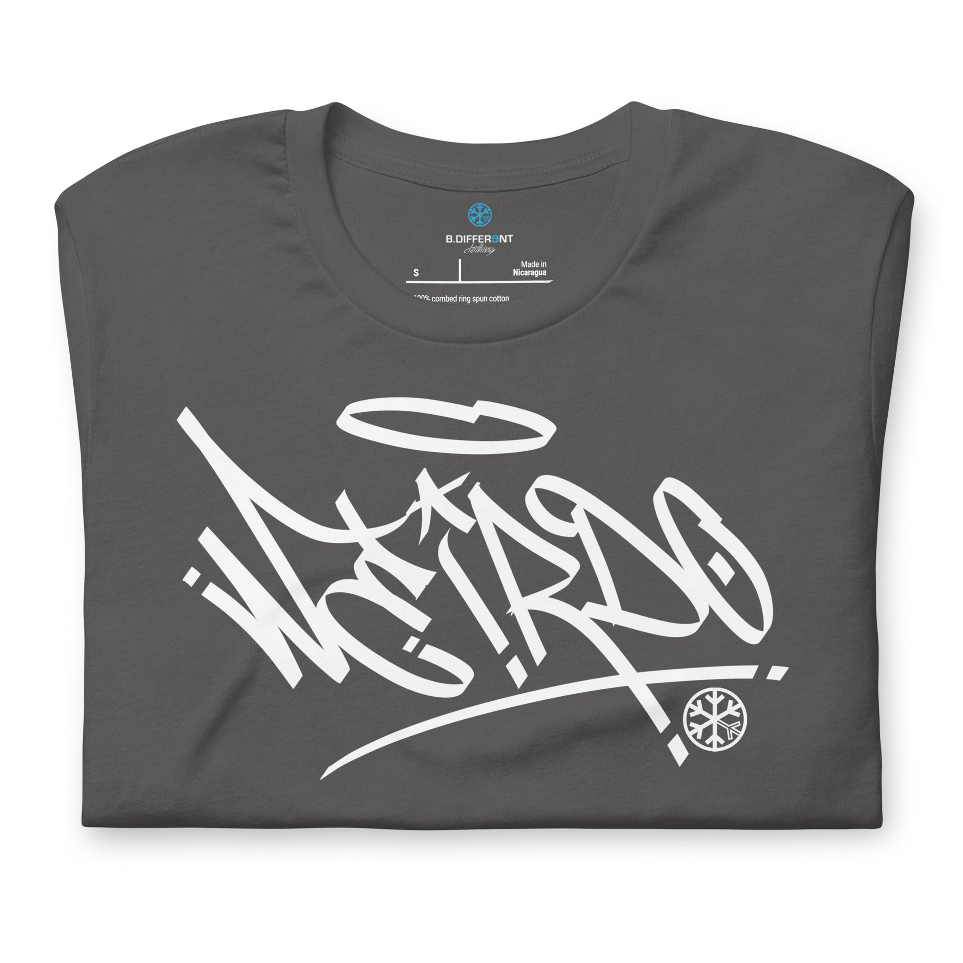 Gray-Weirdo Tag Graffiti Tee from B.Different Clothing, folded, graffiti-inspired streetwear t-shirt