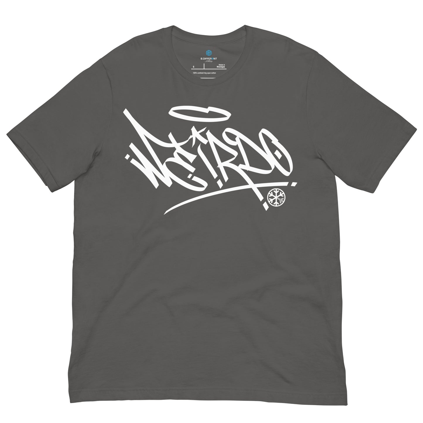 Gray-Weirdo Tag Graffiti Tee from B.Different Clothing, front view, graffiti-inspired streetwear t-shirt
