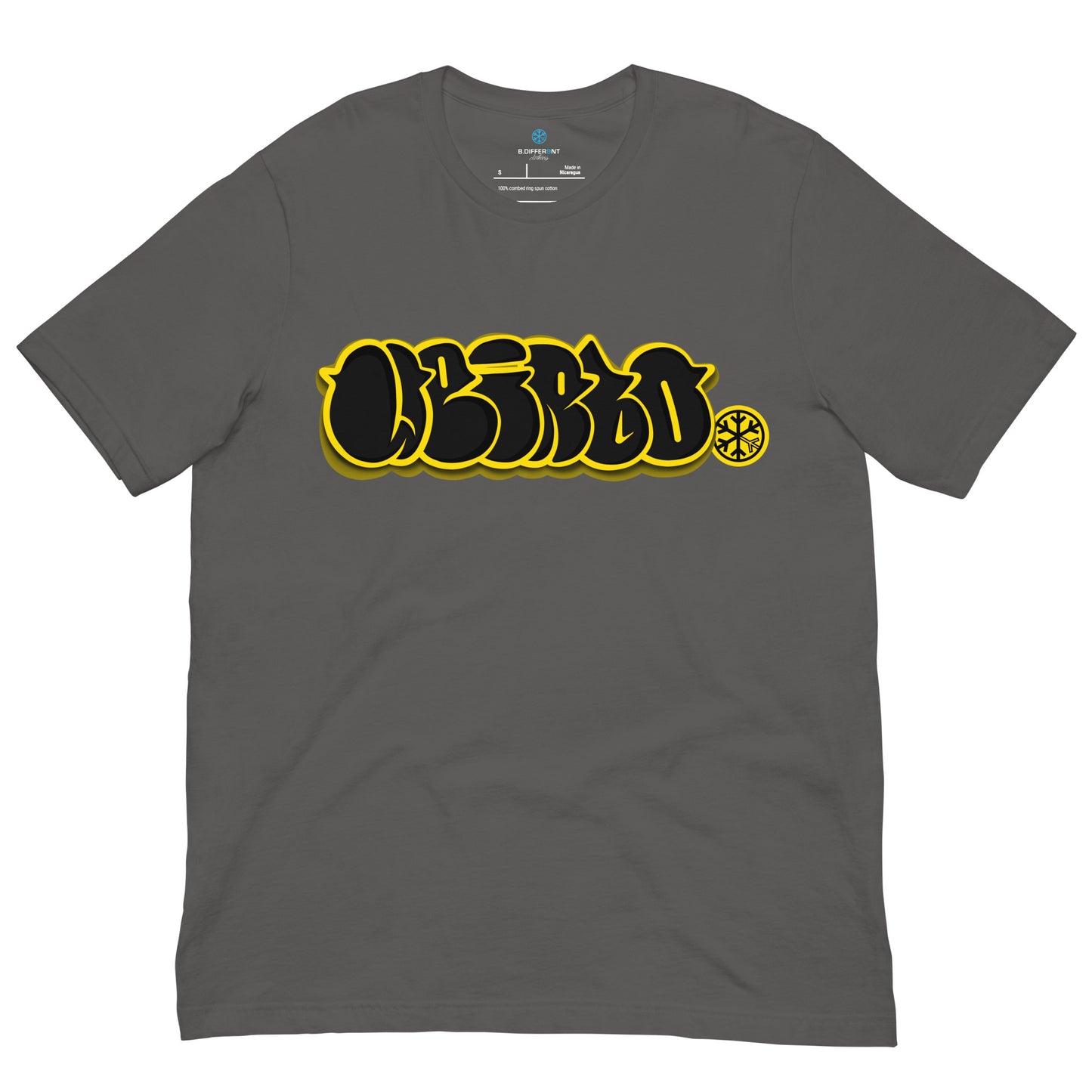 Gray-Weirdo Graffiti Throwie Tee from B.Different Clothing, front view, graffiti-inspired streetwear t-shirt