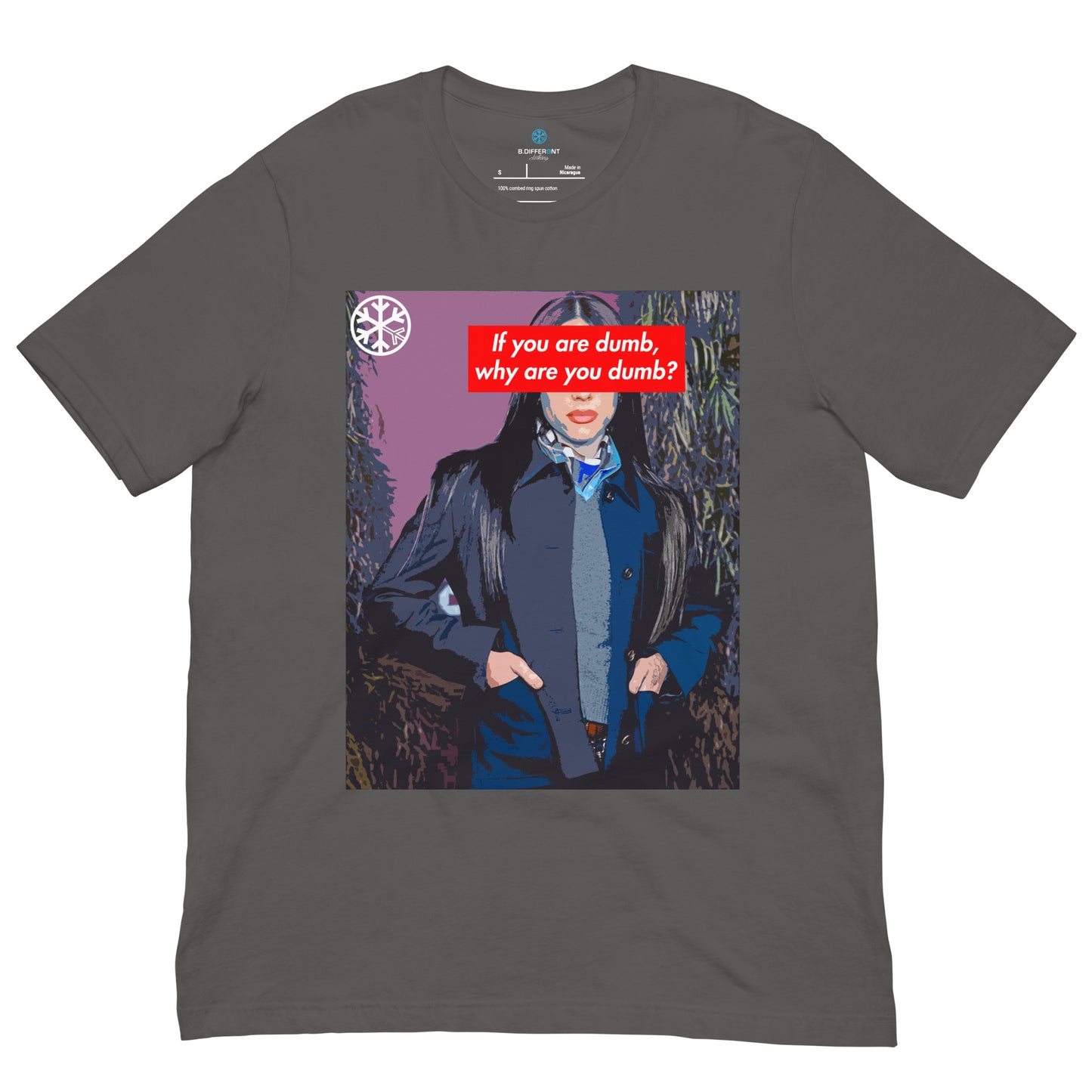 Gray-Why Are You Dumb Tee from B.Different Clothing, front view, graffiti-inspired streetwear t-shirt
