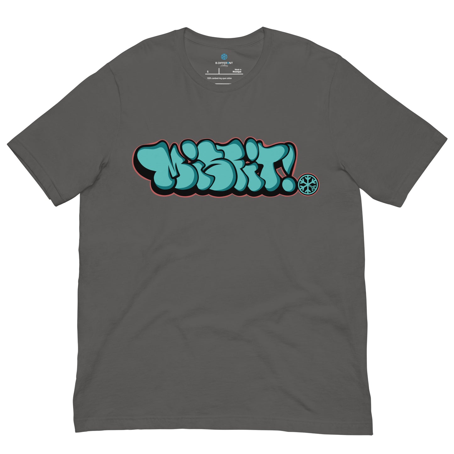 Gray-Misfit Graffiti Throwie Tee from B.Different Clothing, front view, graffiti-inspired streetwear t-shirt