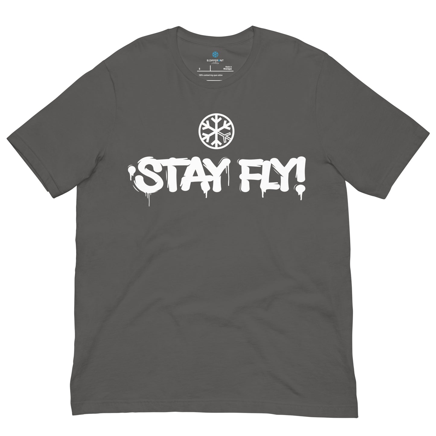Gray-Stay Fly Graffiti Tag Tee from B.Different Clothing, front view, graffiti-inspired streetwear t-shirt