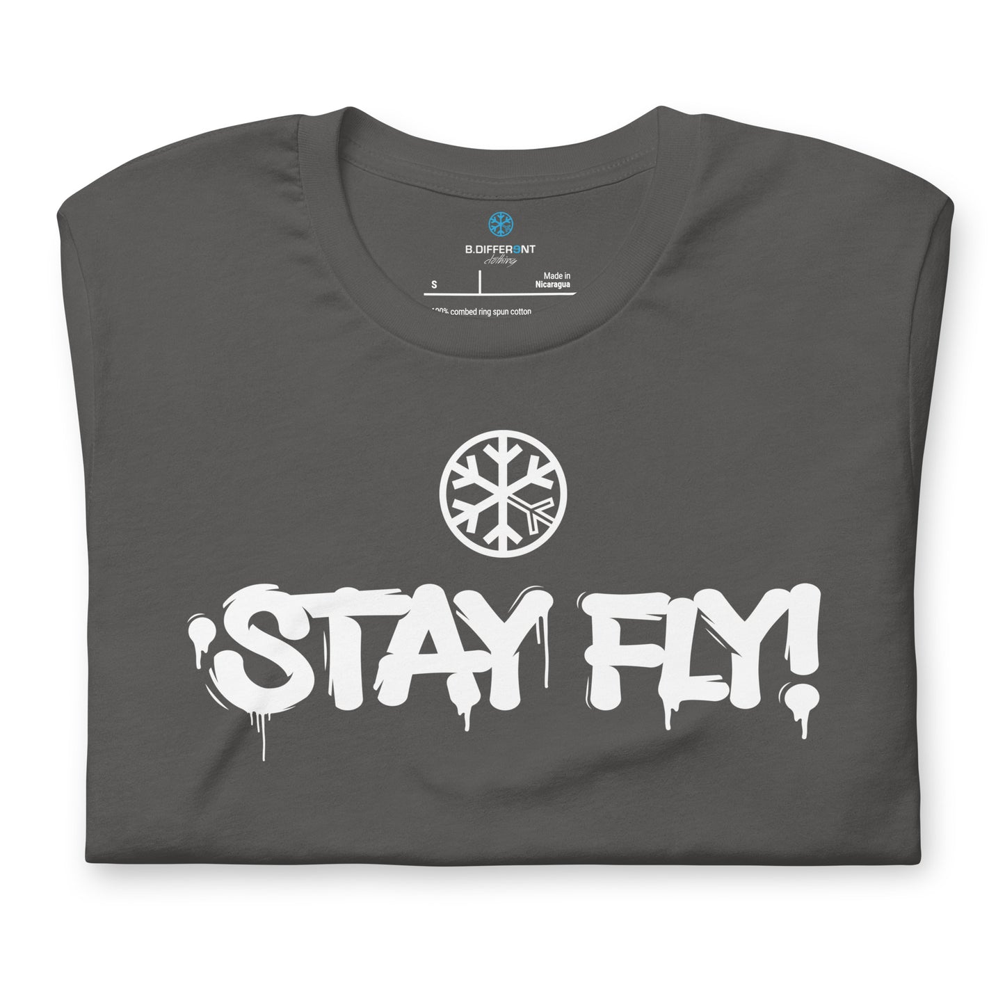 Gray-Stay Fly Graffiti Tag Tee from B.Different Clothing, folded, graffiti-inspired streetwear t-shirt
