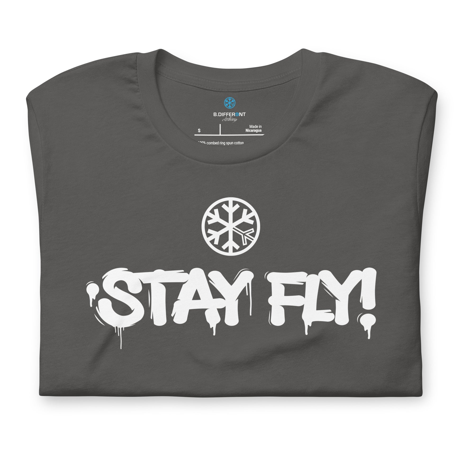 Gray-Stay Fly Graffiti Tag Tee from B.Different Clothing, folded, graffiti-inspired streetwear t-shirt