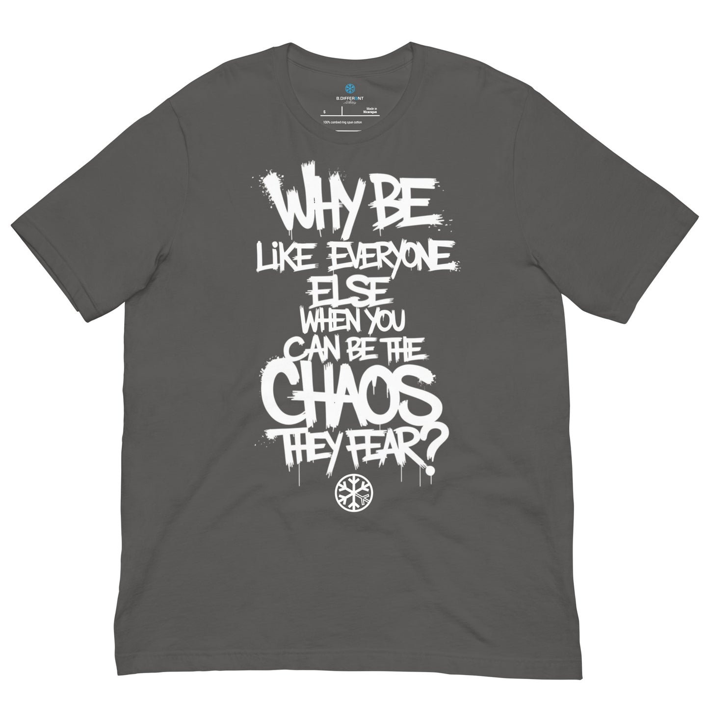 Gray-Chaos They Fear Graffiti Tag Tee from B.Different Clothing, front view, graffiti-inspired streetwear t-shirt