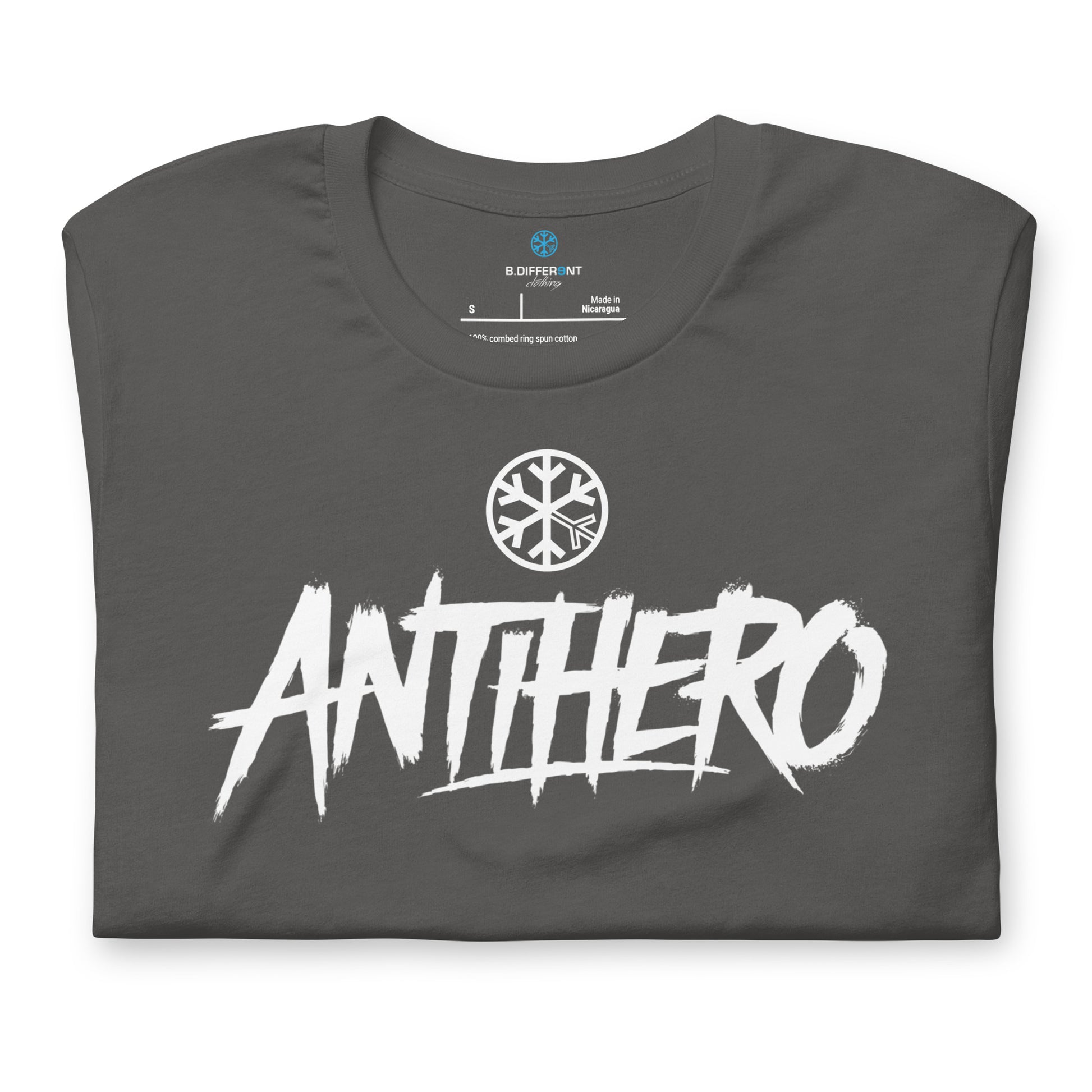 Gray-Antihero Graffiti Tag Tee from B.Different Clothing, folded, graffiti-inspired streetwear t-shirt