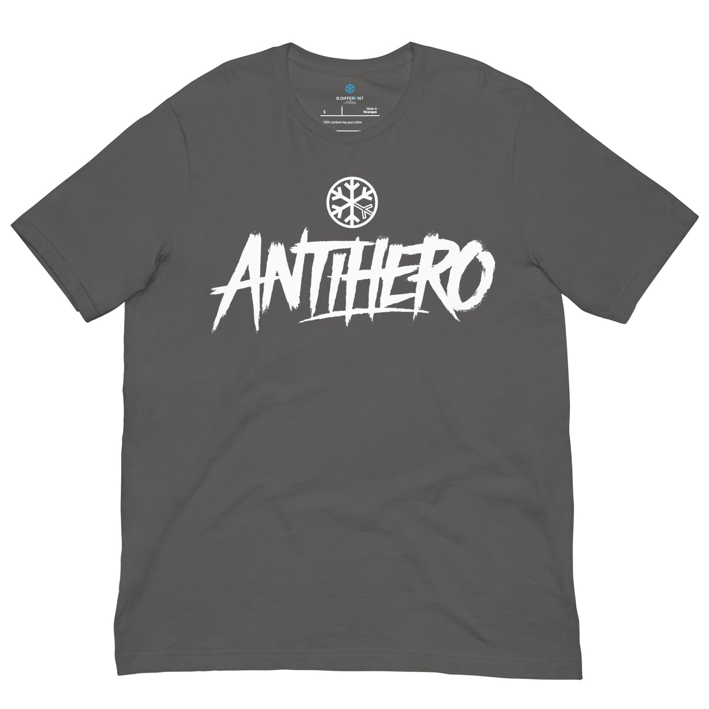 Gray-Antihero Graffiti Tag Tee from B.Different Clothing, front view, graffiti-inspired streetwear t-shirt