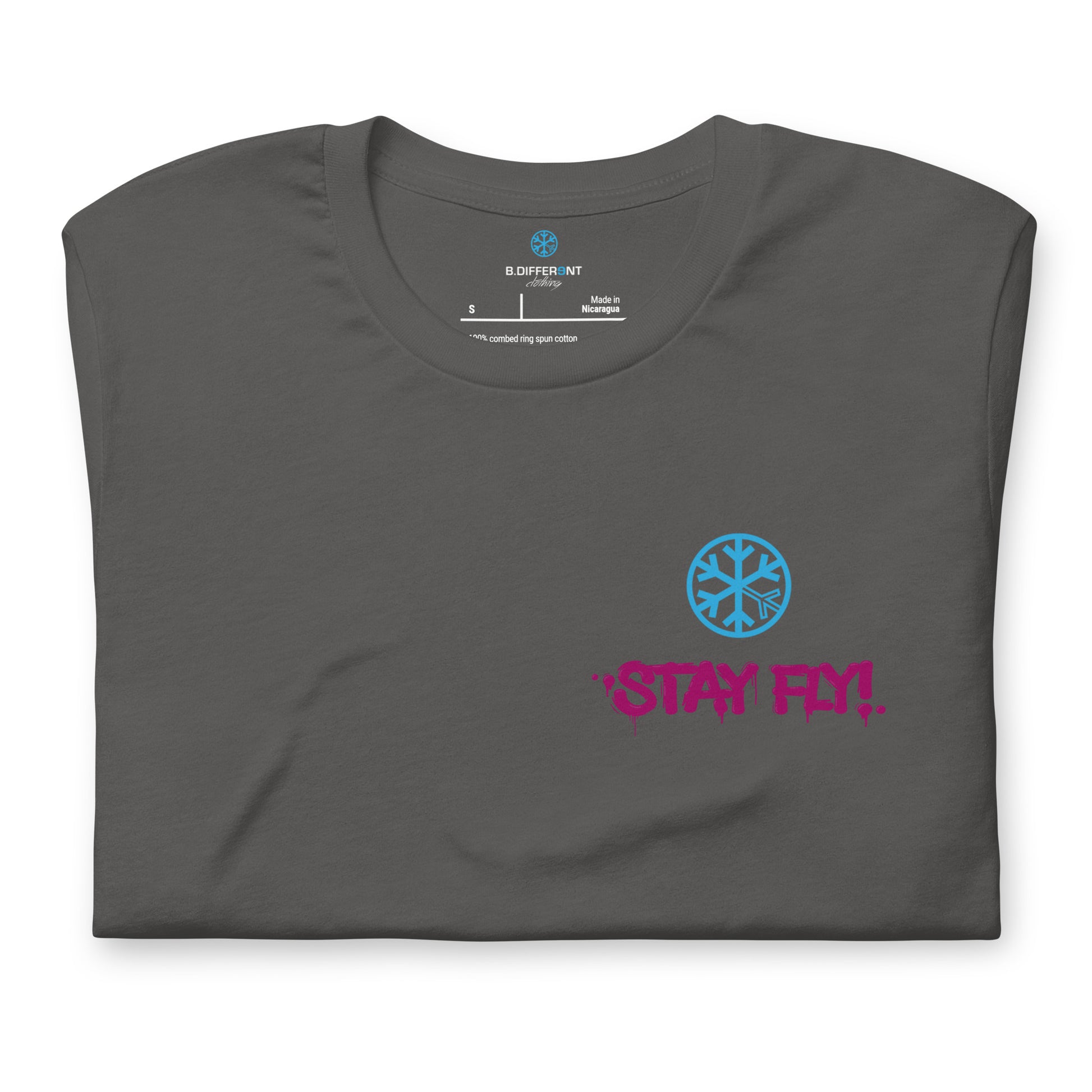 Gray-Stay Fly Graffiti Character Tee from B.Different Clothing, folded, graffiti-inspired streetwear t-shirt