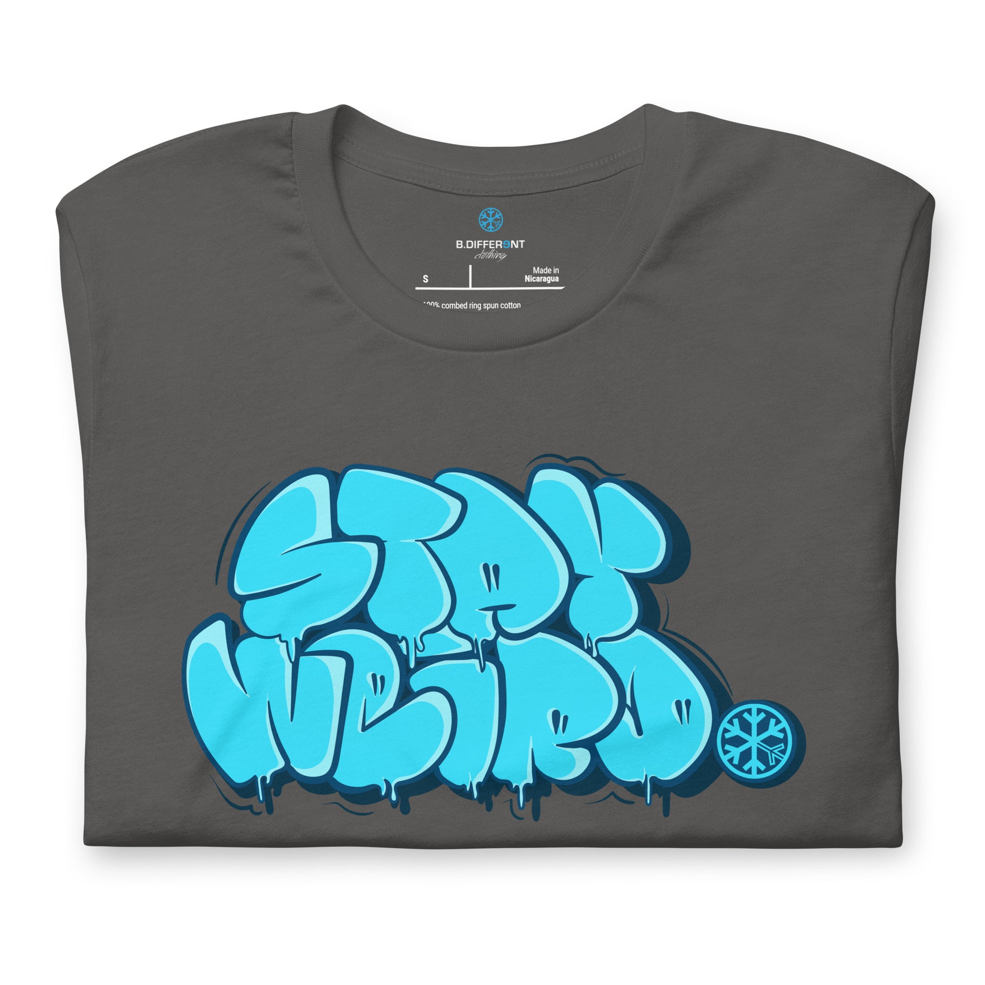 Gray-Stay Weird Graffiti Throw-up Tee from B.Different Clothing, folded, graffiti-inspired streetwear t-shirt