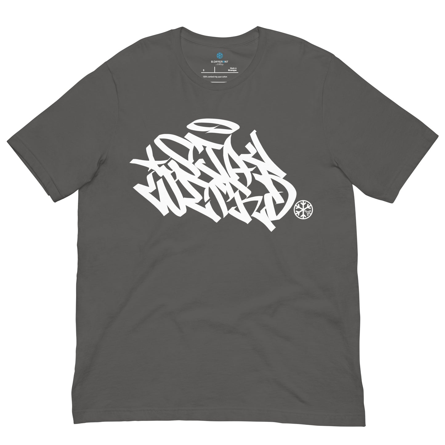 Gray-Stay Weird Graffiti Tag Tee from B.Different Clothing, front view, graffiti-inspired streetwear t-shirt