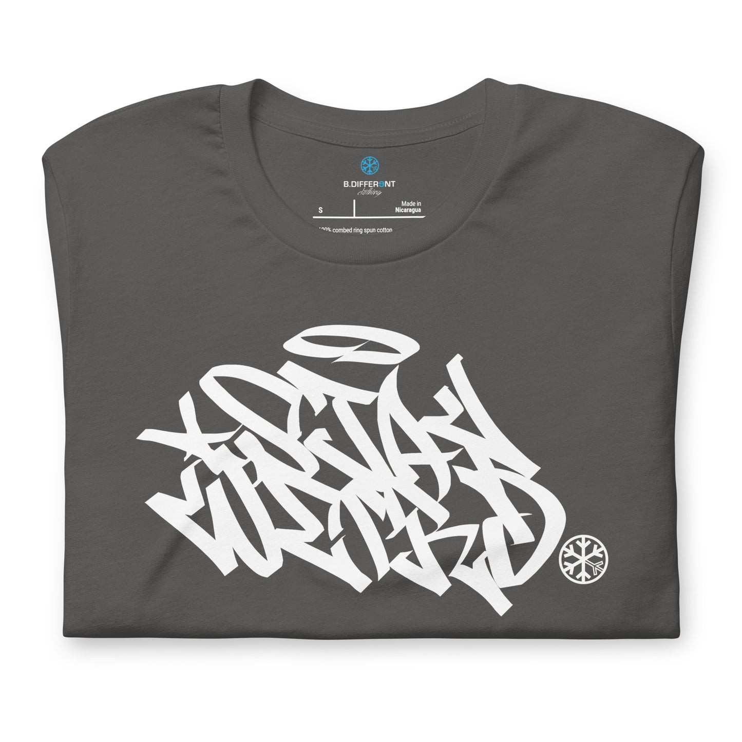 Gray-Stay Weird Graffiti Tag Tee from B.Different Clothing, folded, graffiti-inspired streetwear t-shirt