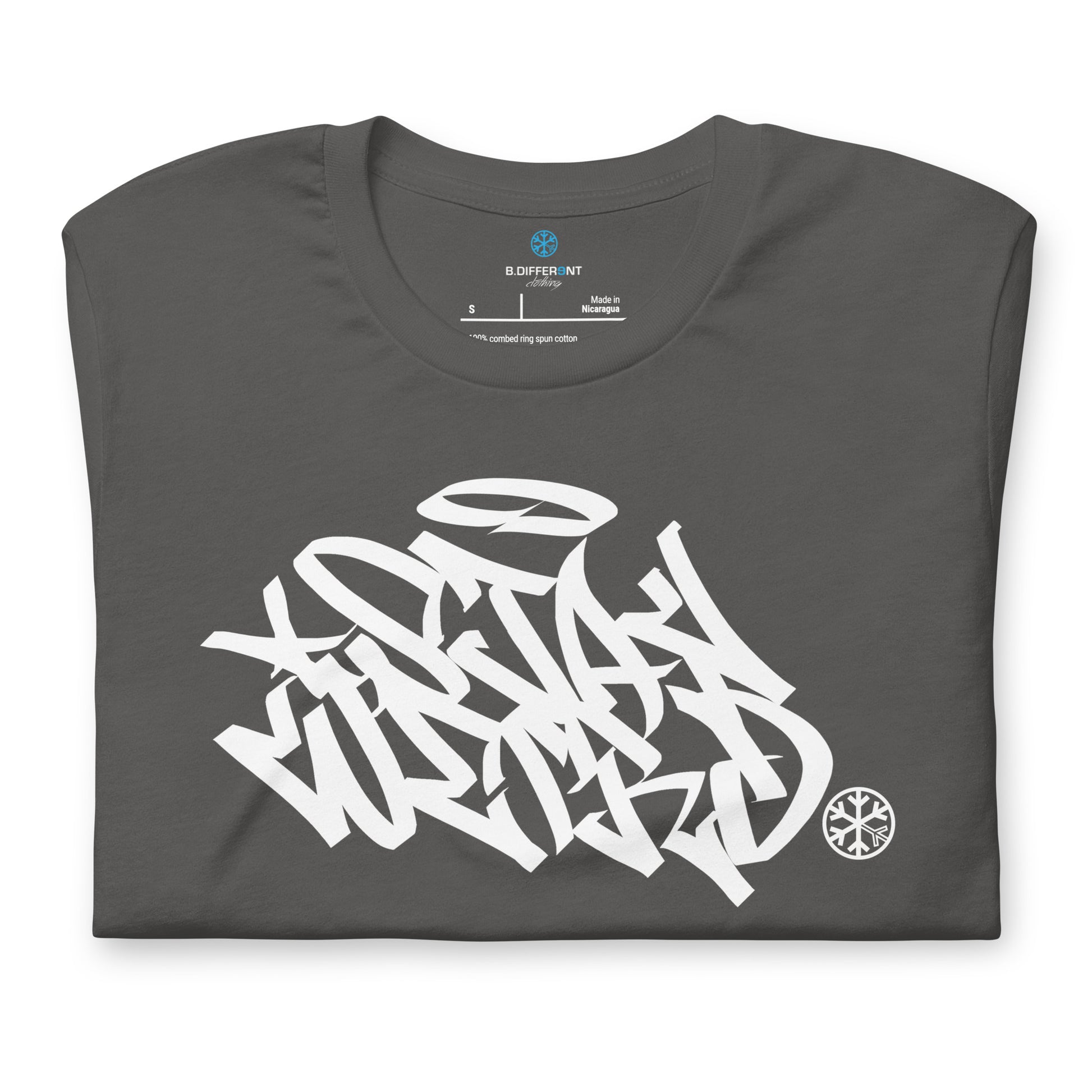 Gray-Stay Weird Graffiti Tag Tee from B.Different Clothing, folded, graffiti-inspired streetwear t-shirt