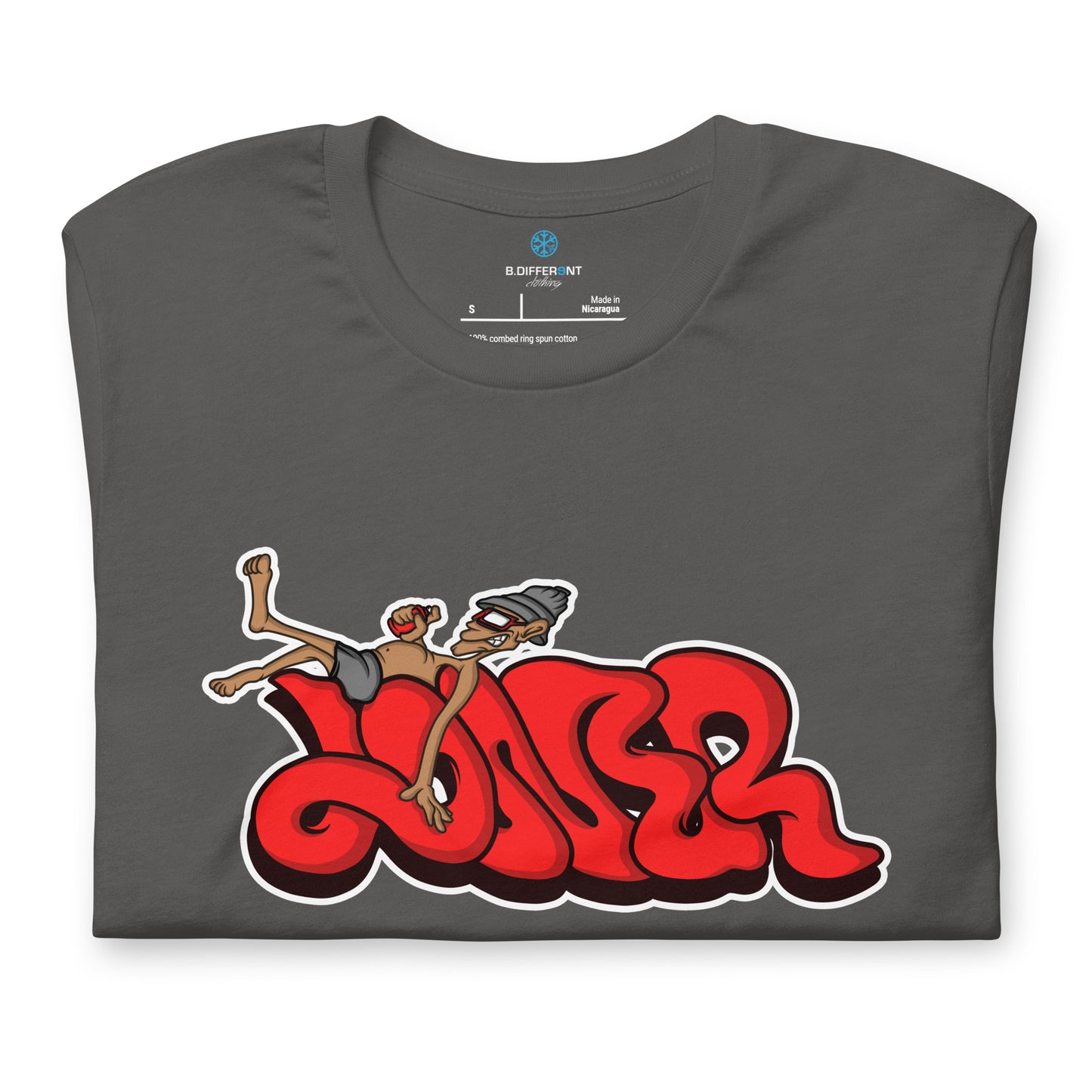 Gray-Loner Graffiti Piece Tee from B.Different Clothing, folded, graffiti-inspired streetwear t-shirt