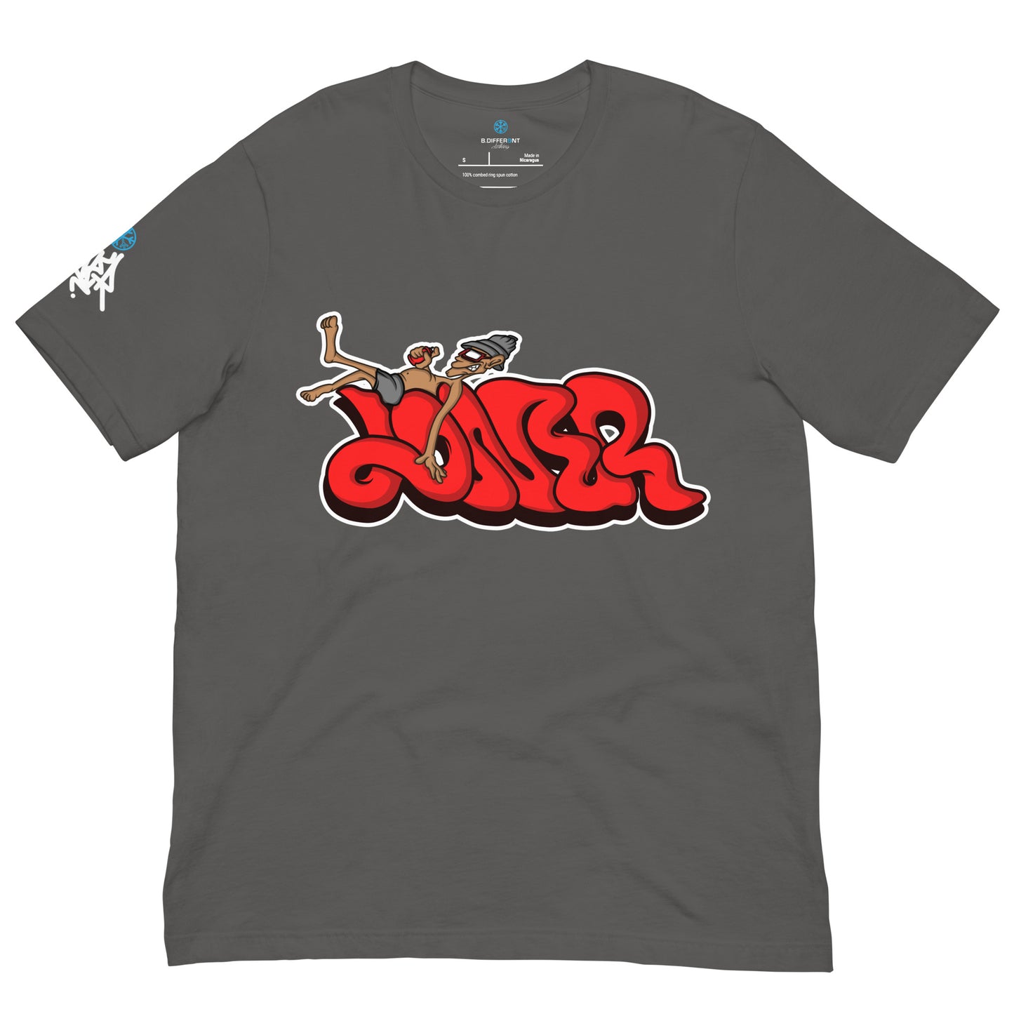 Gray-Loner Graffiti Piece Tee from B.Different Clothing, front view, graffiti-inspired streetwear t-shirt