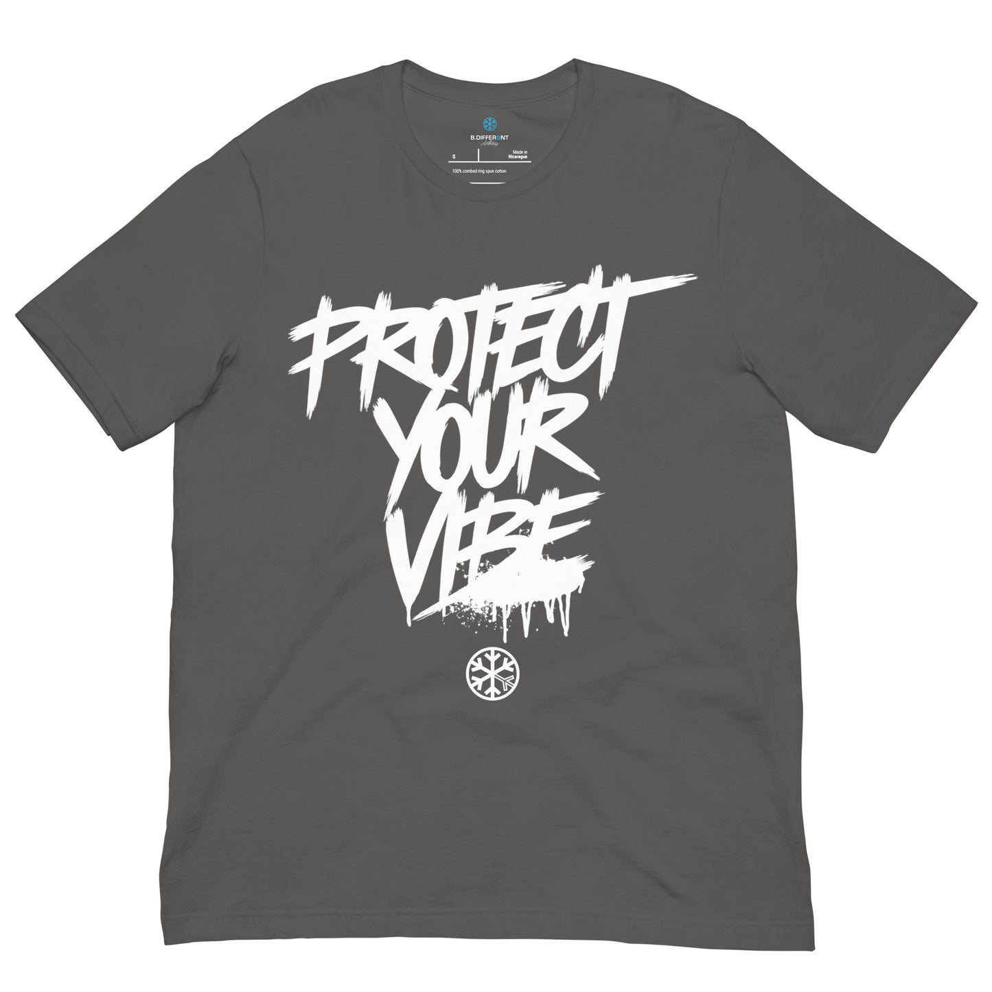 Gray-Protect Your Vibe Graffiti Tag Tee from B.Different Clothing, front view, graffiti-inspired streetwear t-shirt