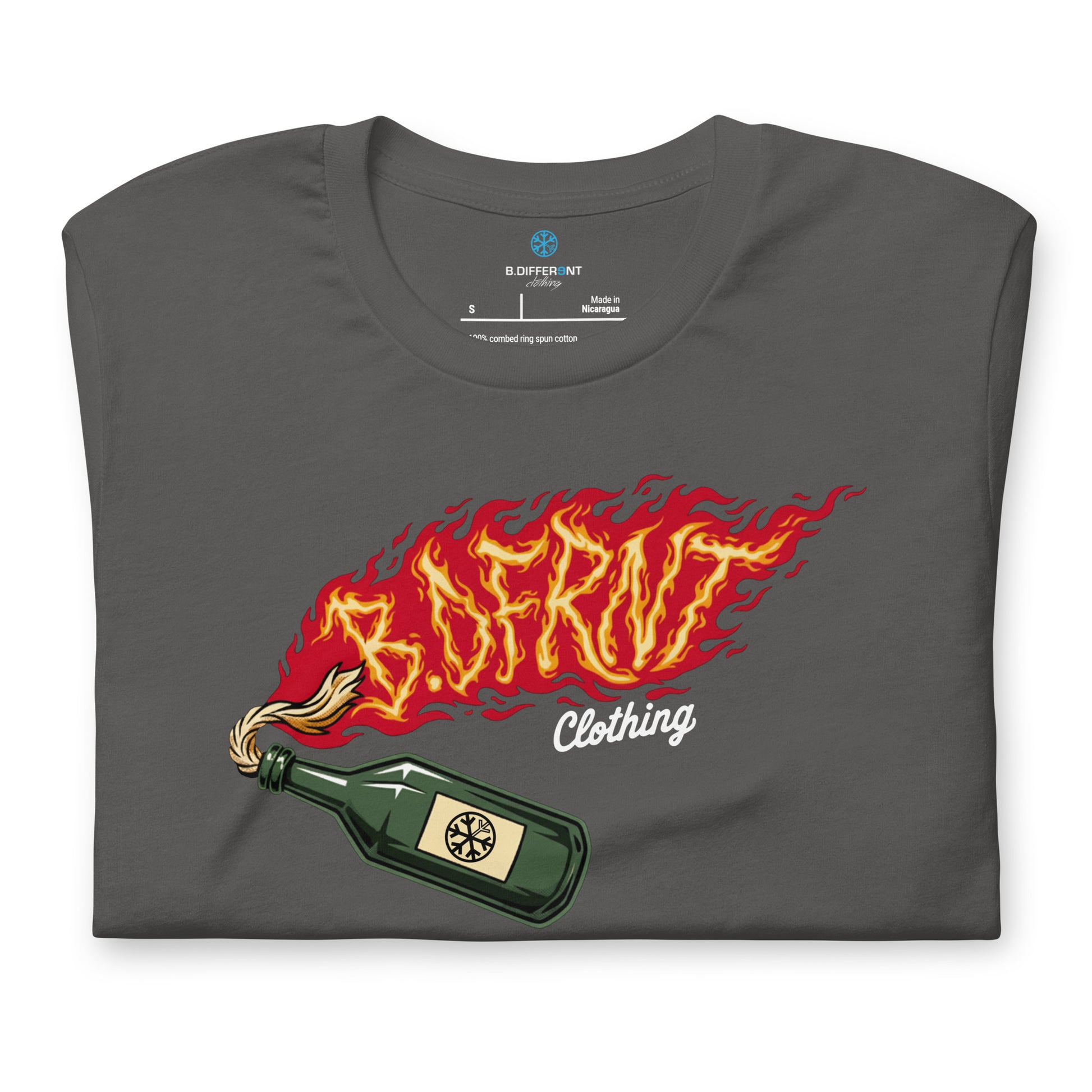 Gray-Molotov Graffiti Tee from B.Different Clothing, folded, graffiti-inspired streetwear t-shirt