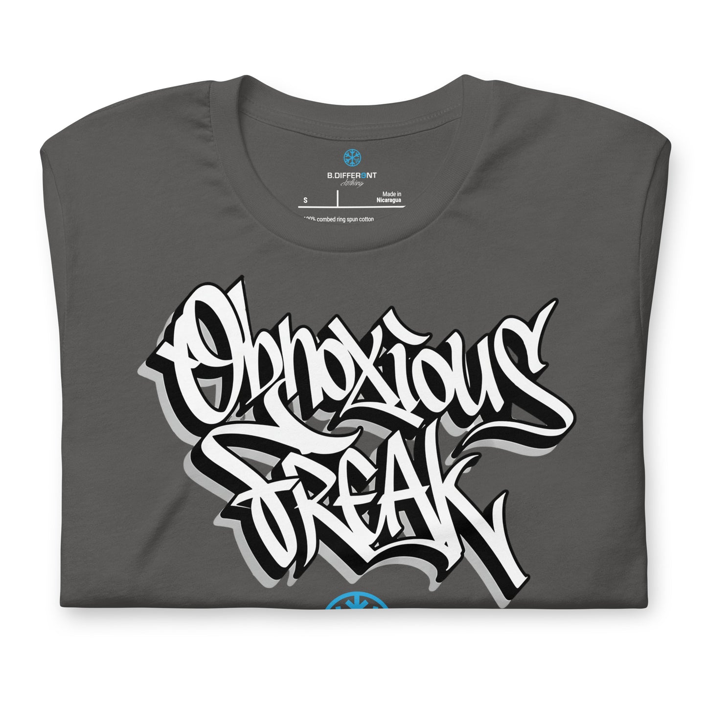 Gray-Obnoxious Freak Graffiti Tee from B.Different Clothing, folded, graffiti-inspired streetwear t-shirt