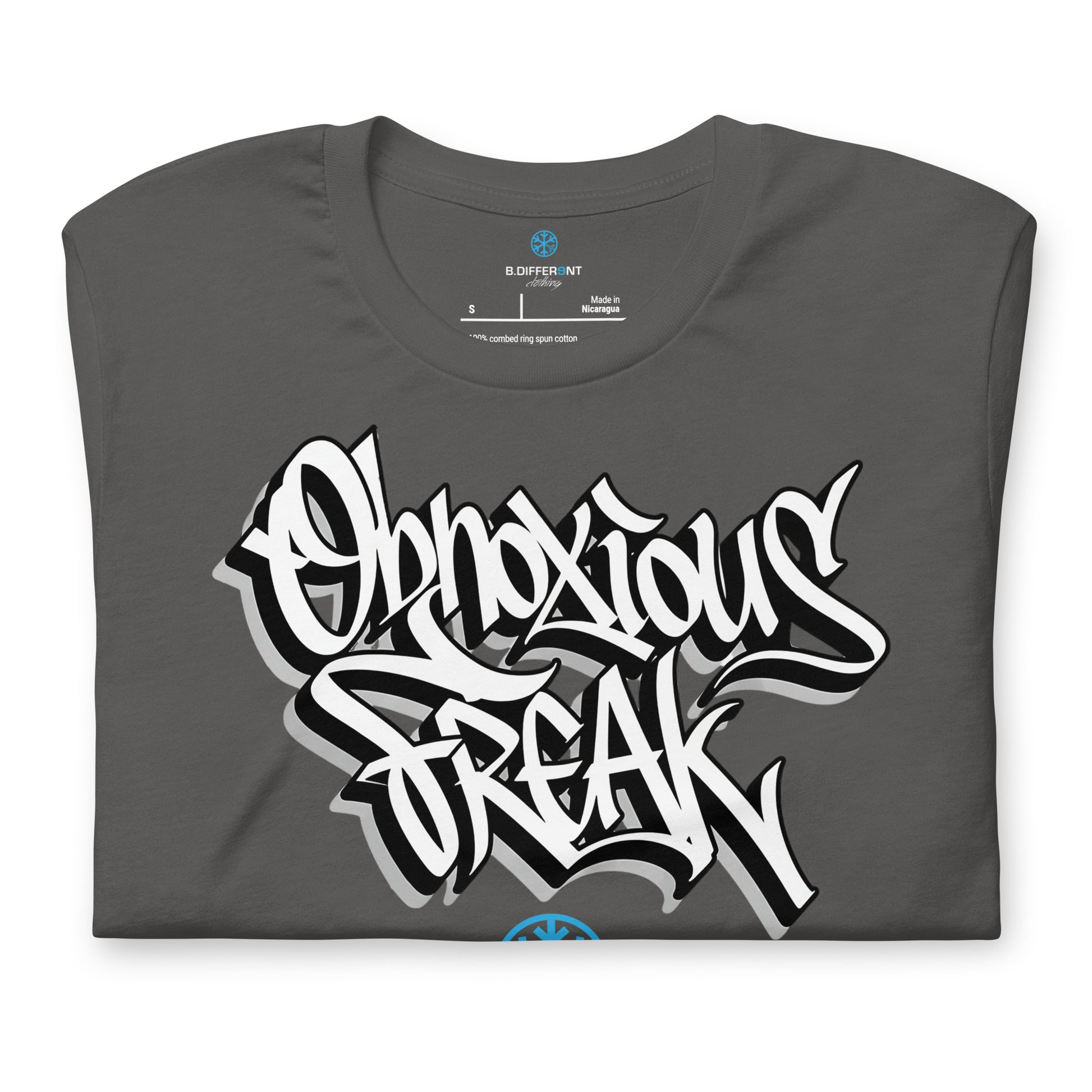 Gray-Obnoxious Freak Graffiti Tee from B.Different Clothing, folded, graffiti-inspired streetwear t-shirt