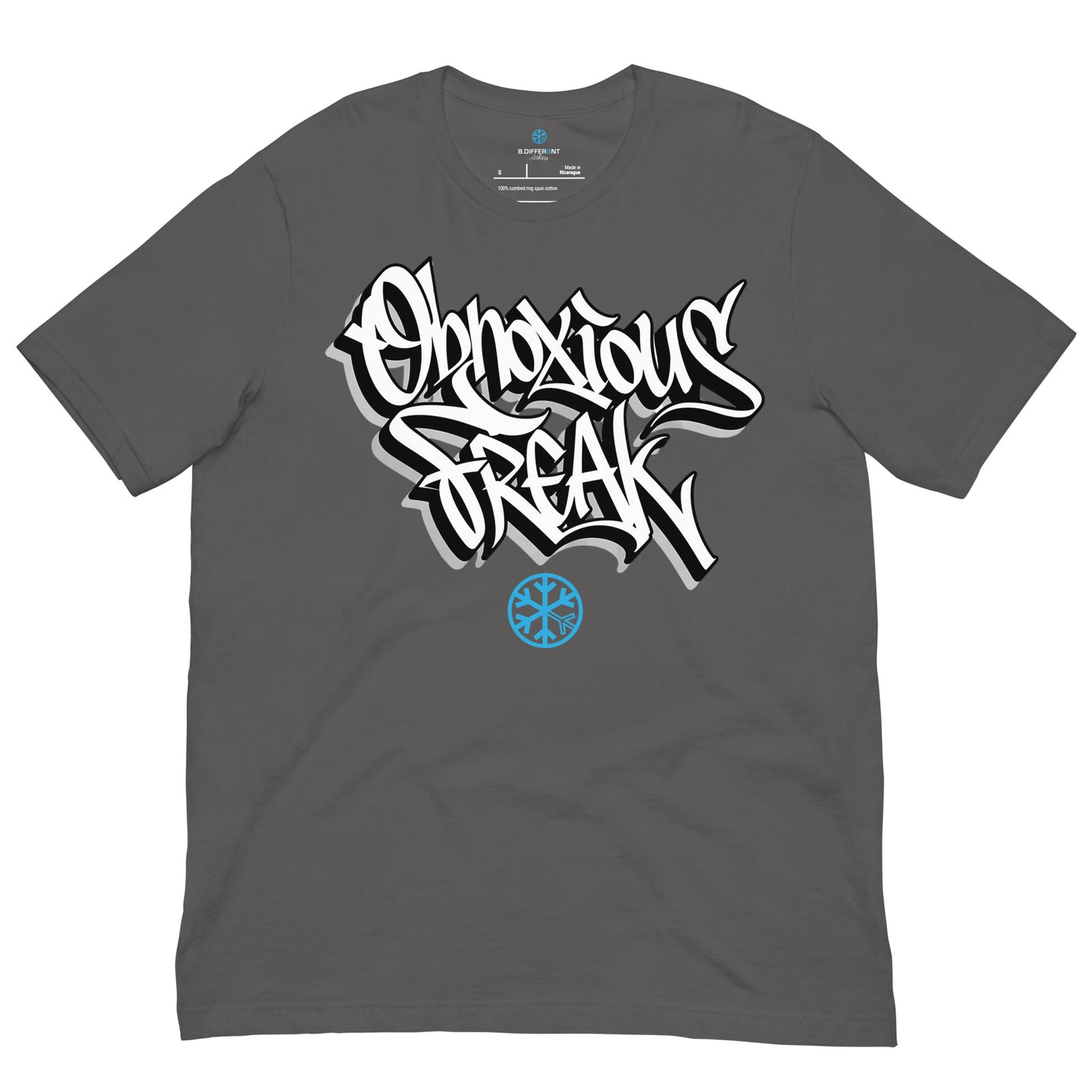Gray-Obnoxious Freak Graffiti Tee from B.Different Clothing, front view, graffiti-inspired streetwear t-shirt