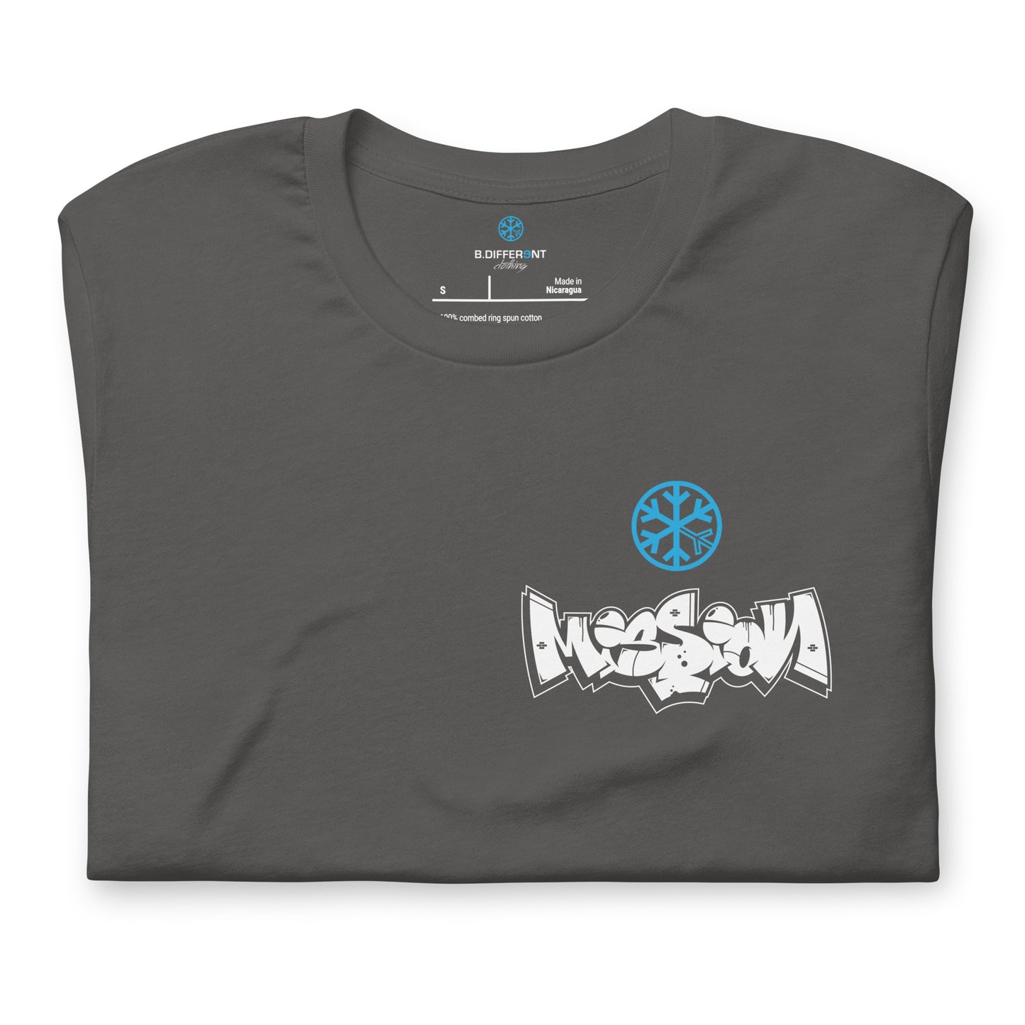 Gray-Mission Graffiti Character Tee from B.Different Clothing, folded, graffiti-inspired streetwear t-shirt