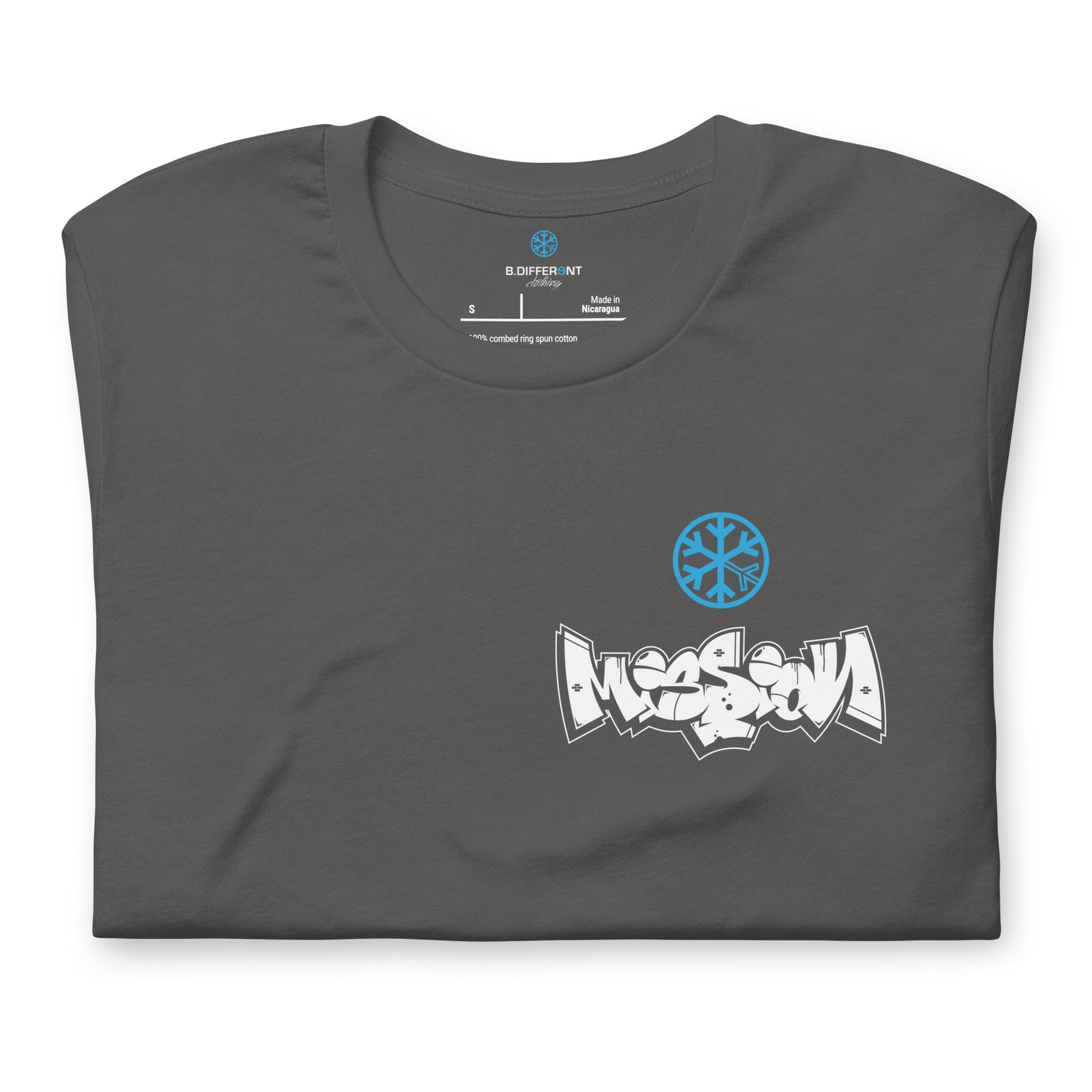 Gray-Mission Graffiti Character Tee from B.Different Clothing, folded, graffiti-inspired streetwear t-shirt