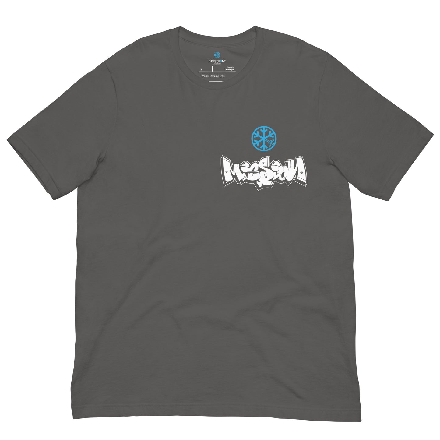 Gray-Mission Graffiti Character Tee from B.Different Clothing, front view, graffiti-inspired streetwear t-shirt