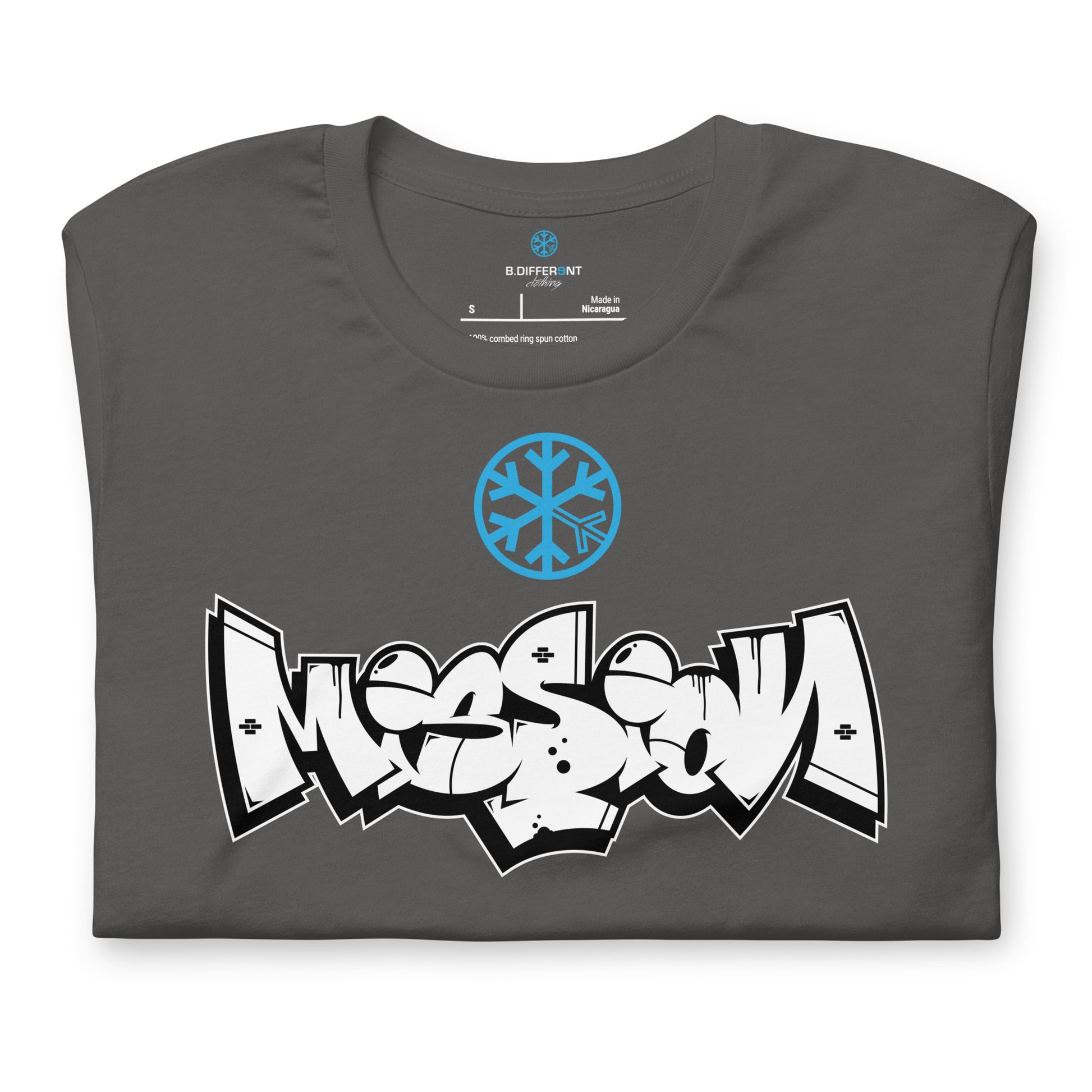 Gray-Mission Graffiti Piece Tee from B.Different Clothing, folded, graffiti-inspired streetwear t-shirt