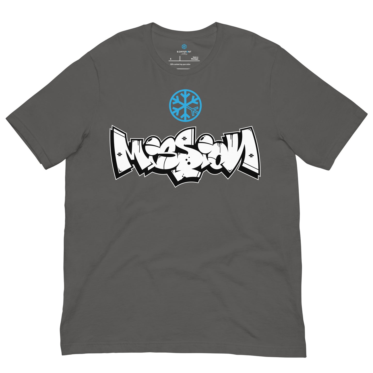 Gray-Mission Graffiti Piece Tee from B.Different Clothing, front view, graffiti-inspired streetwear t-shirt
