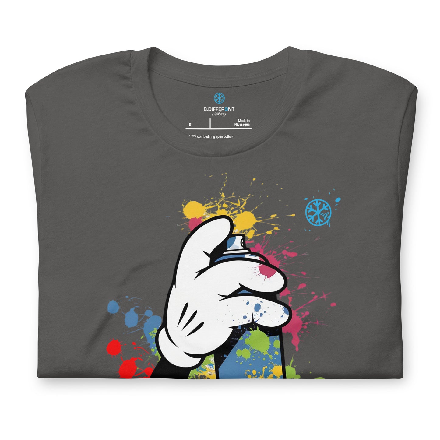 Gray-Hand Spray Can Graffiti Tee from B.Different Clothing, folded, graffiti-inspired streetwear t-shirt