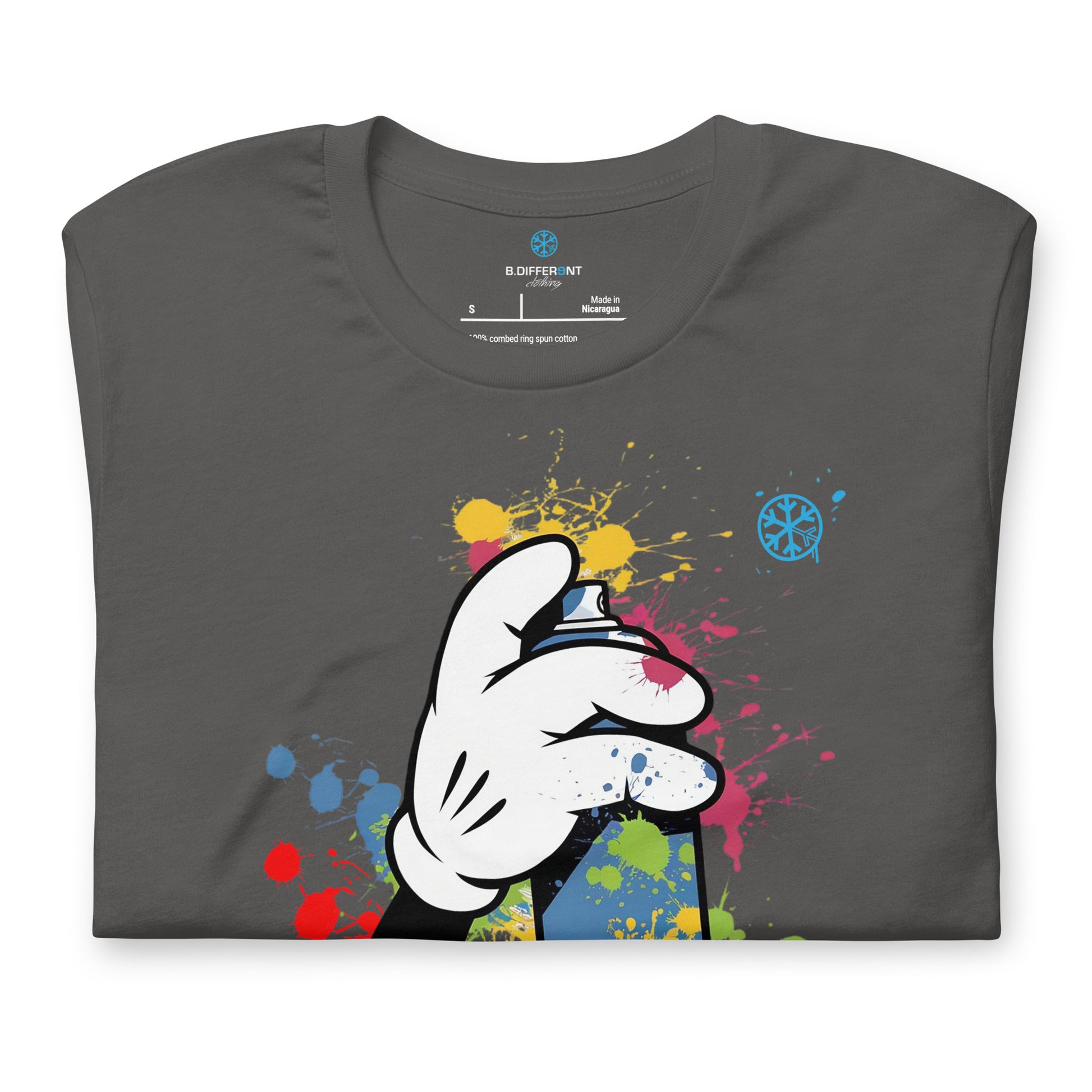 Gray-Hand Spray Can Graffiti Tee from B.Different Clothing, folded, graffiti-inspired streetwear t-shirt