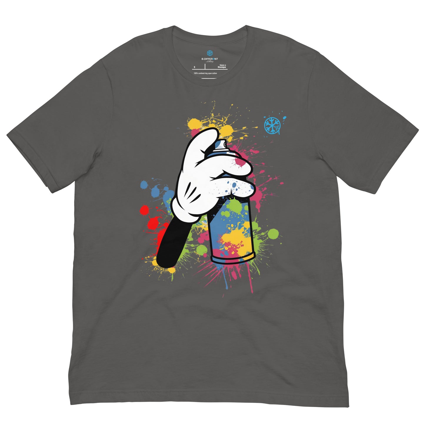 Gray-Hand Spray Can Graffiti Tee from B.Different Clothing, front view, graffiti-inspired streetwear t-shirt