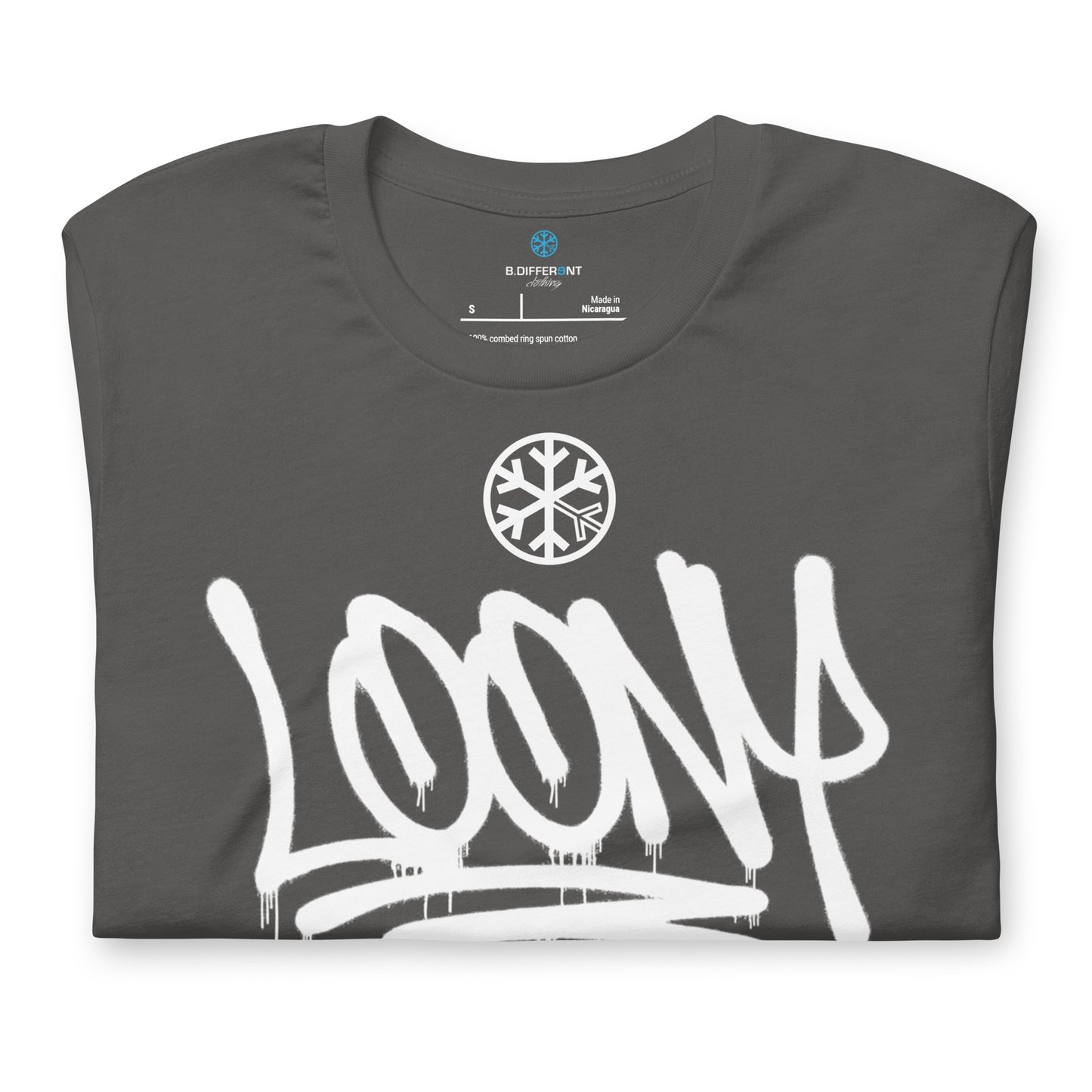 Gray-Loony Graffiti Tag Tee from B.Different Clothing, folded, graffiti-inspired streetwear t-shirt