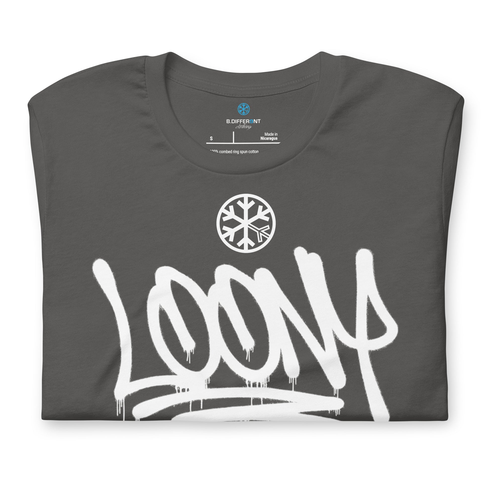 Gray-Loony Graffiti Tag Tee from B.Different Clothing, folded, graffiti-inspired streetwear t-shirt