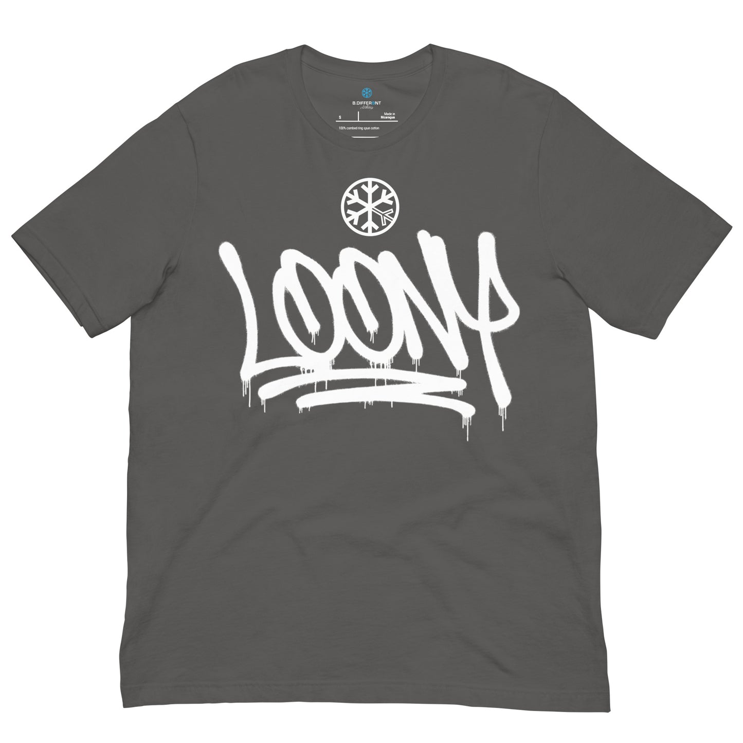 Gray-Loony Graffiti Tag Tee from B.Different Clothing, front view, graffiti-inspired streetwear t-shirt