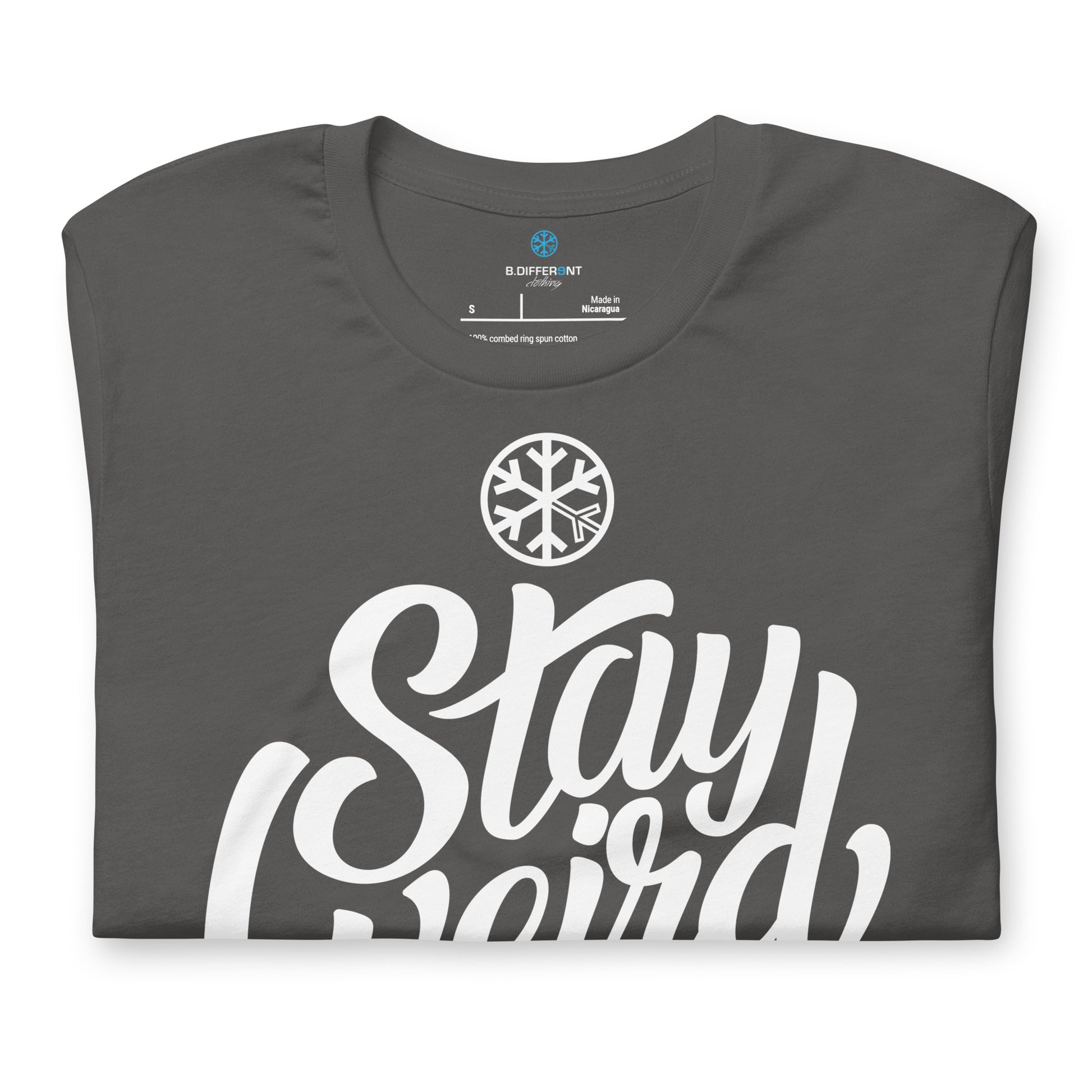 Gray-Stay Weird Tee from B.Different Clothing, folded, graffiti-inspired streetwear t-shirt