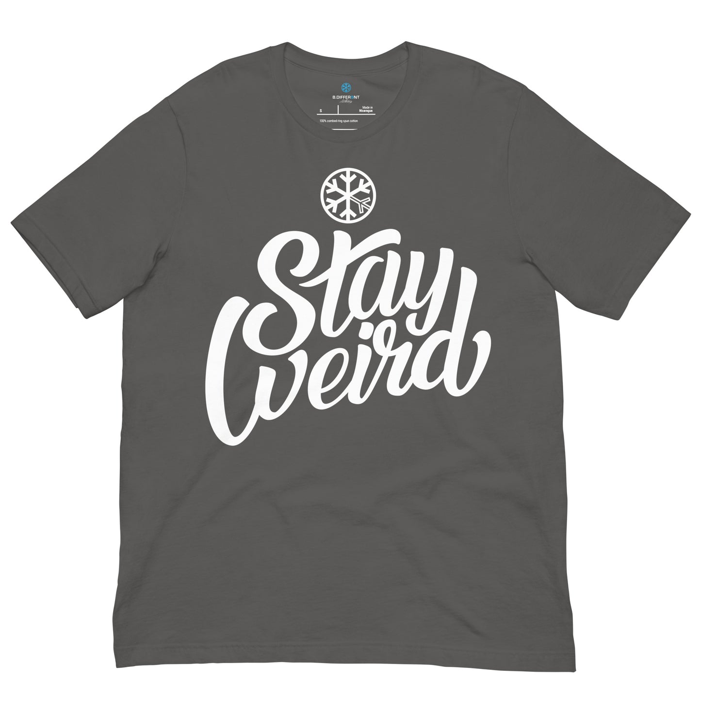 Gray-Stay Weird Tee from B.Different Clothing, front view, graffiti-inspired streetwear t-shirt