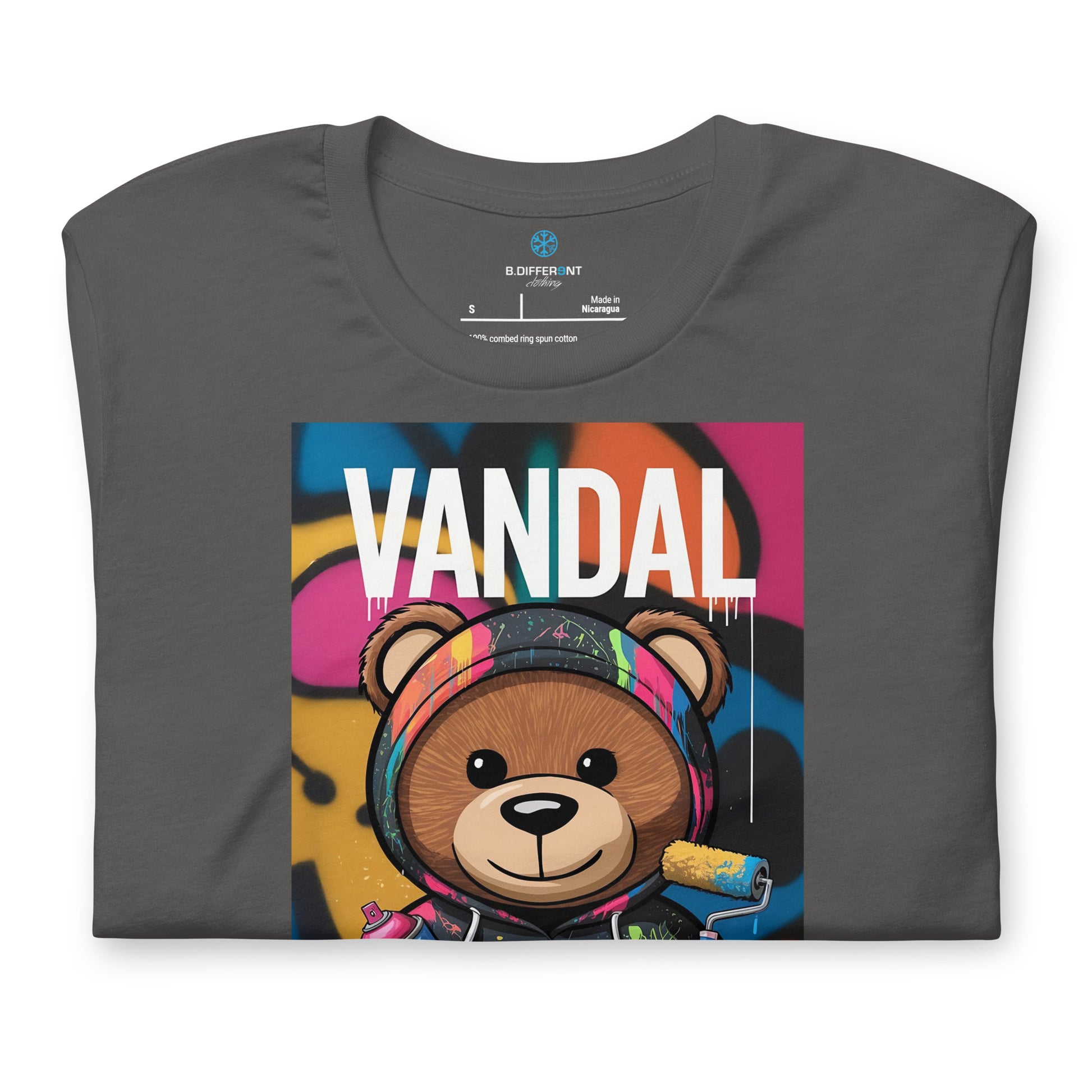 Gray-Vandal Teddy Bear Graffiti Tee from B.Different Clothing, folded, graffiti-inspired streetwear