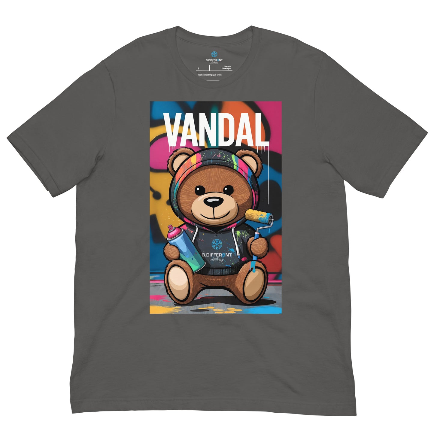 Gray-Vandal Teddy Bear Graffiti Tee from B.Different Clothing, front view, graffiti-inspired streetwear
