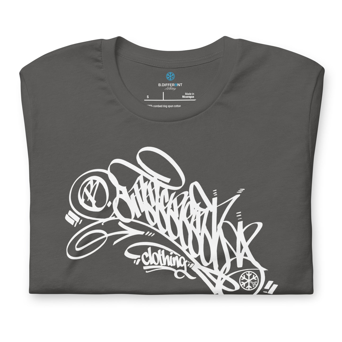 Gray-B.Different Clothing Graffiti Tag Tee from B.Different Clothing, folded, graffiti-inspired streetwear t-shirt