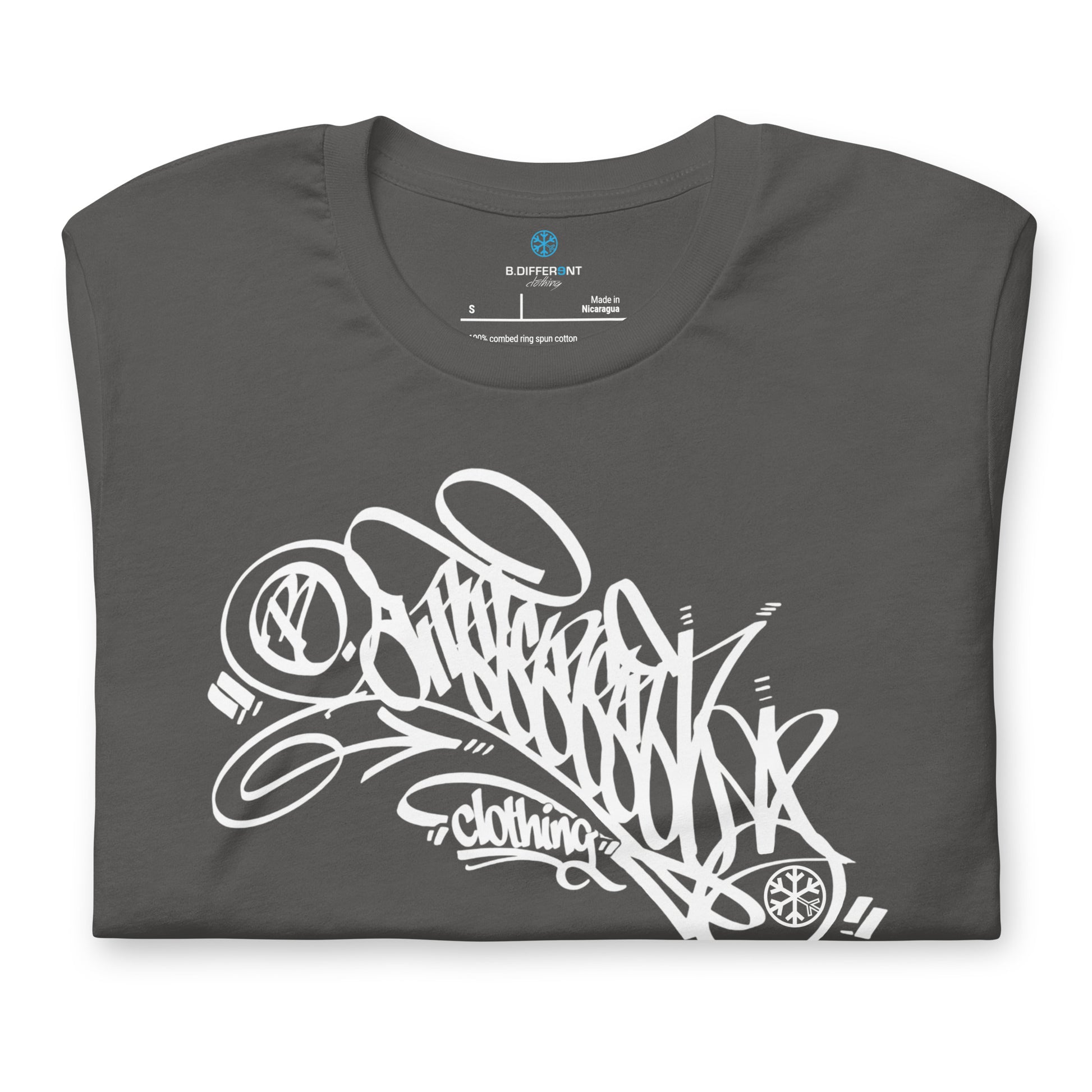 Gray-B.Different Clothing Graffiti Tag Tee from B.Different Clothing, folded, graffiti-inspired streetwear t-shirt