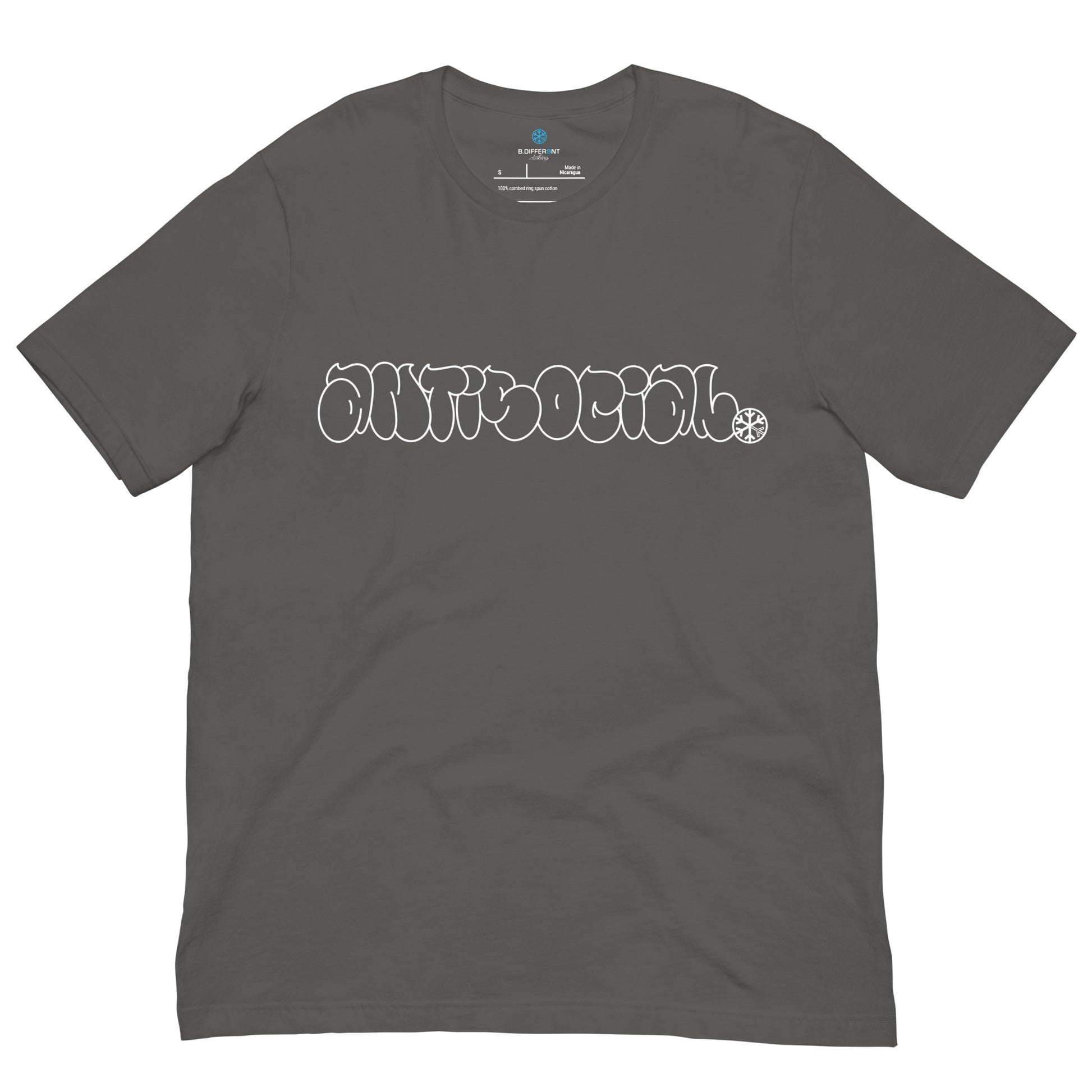 Gray-Antisocial Graffiti Hollow Tee from B.Different Clothing, front view, graffiti-inspired streetwear t-shirt