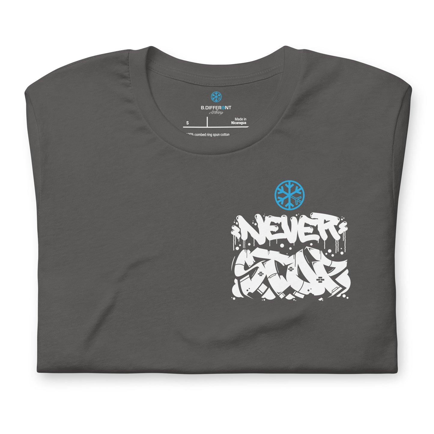 Gray-Never Stop Graffiti Character Tee from B.Different Clothing, folded, graffiti-inspired streetwear t-shirt