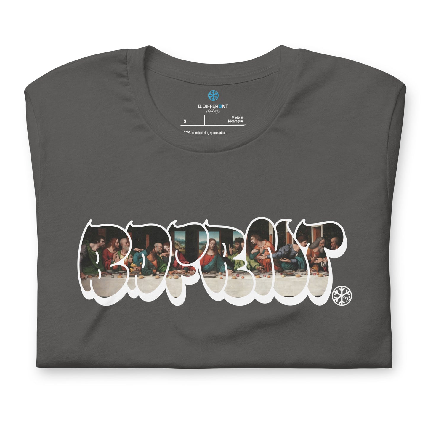 Gray-BDFRNT Throwie x Last Supper Graffiti Tee from B.Different Clothing, folded, graffiti-inspired streetwear t-shirt