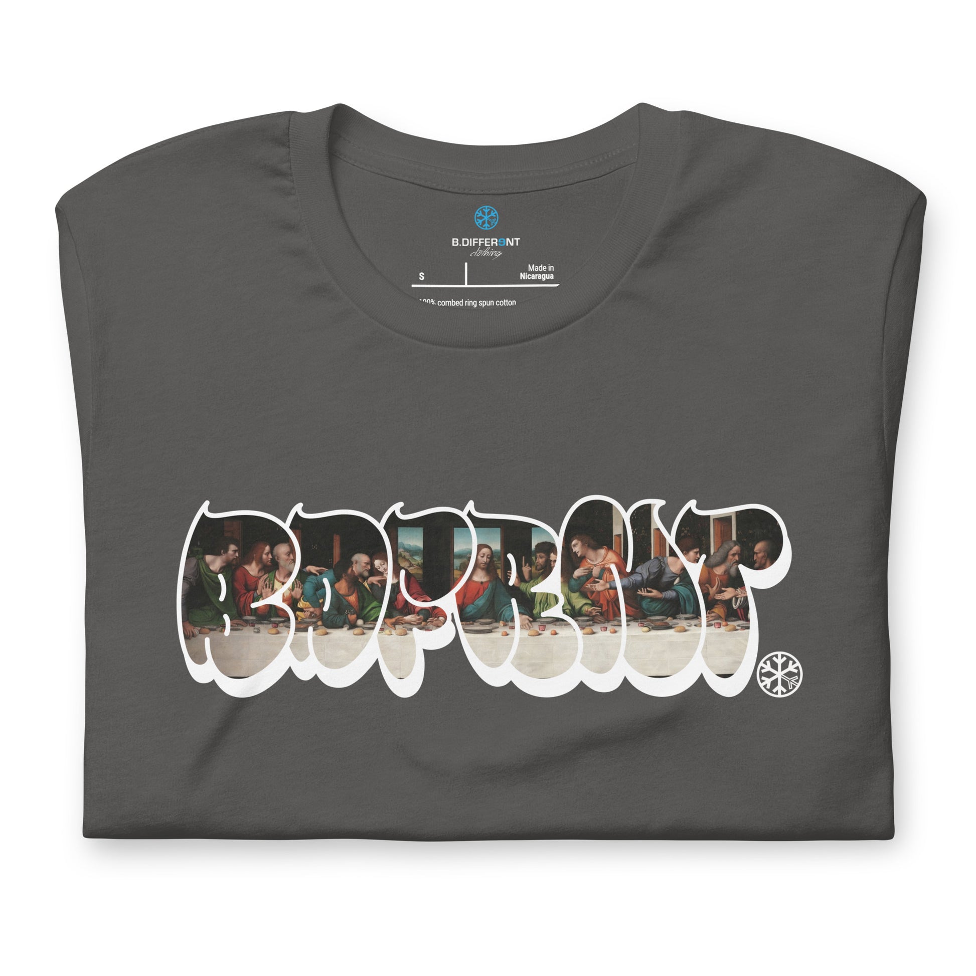 Gray-BDFRNT Throwie x Last Supper Graffiti Tee from B.Different Clothing, folded, graffiti-inspired streetwear t-shirt