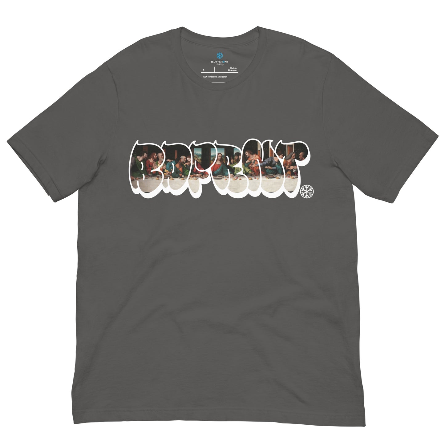 Gray-BDFRNT Throwie x Last Supper Graffiti Tee from B.Different Clothing, front view, graffiti-inspired streetwear t-shirt