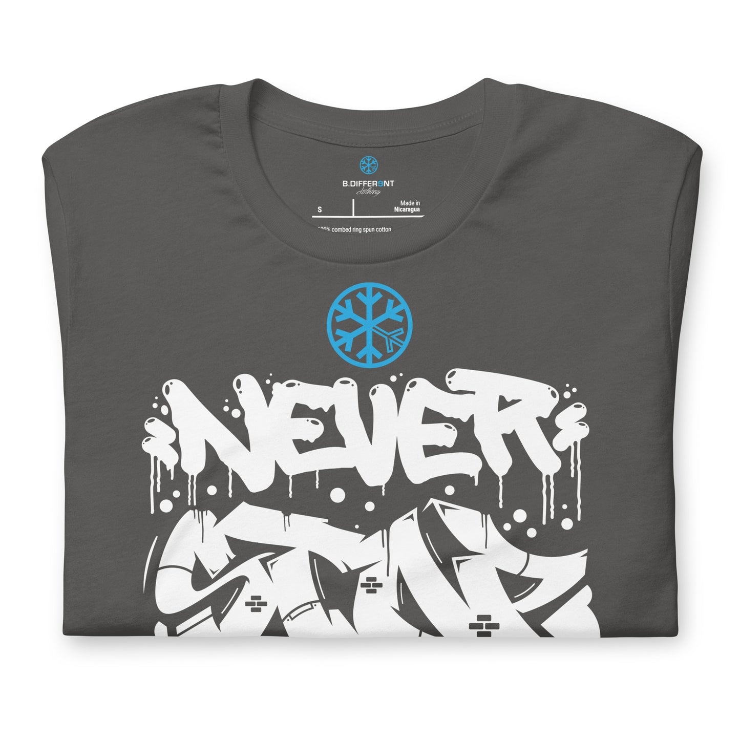 Darkgray-Never Stop Graffiti Piece Tee from B.Different Clothing, folded, graffiti-inspired streetwear t-shirt