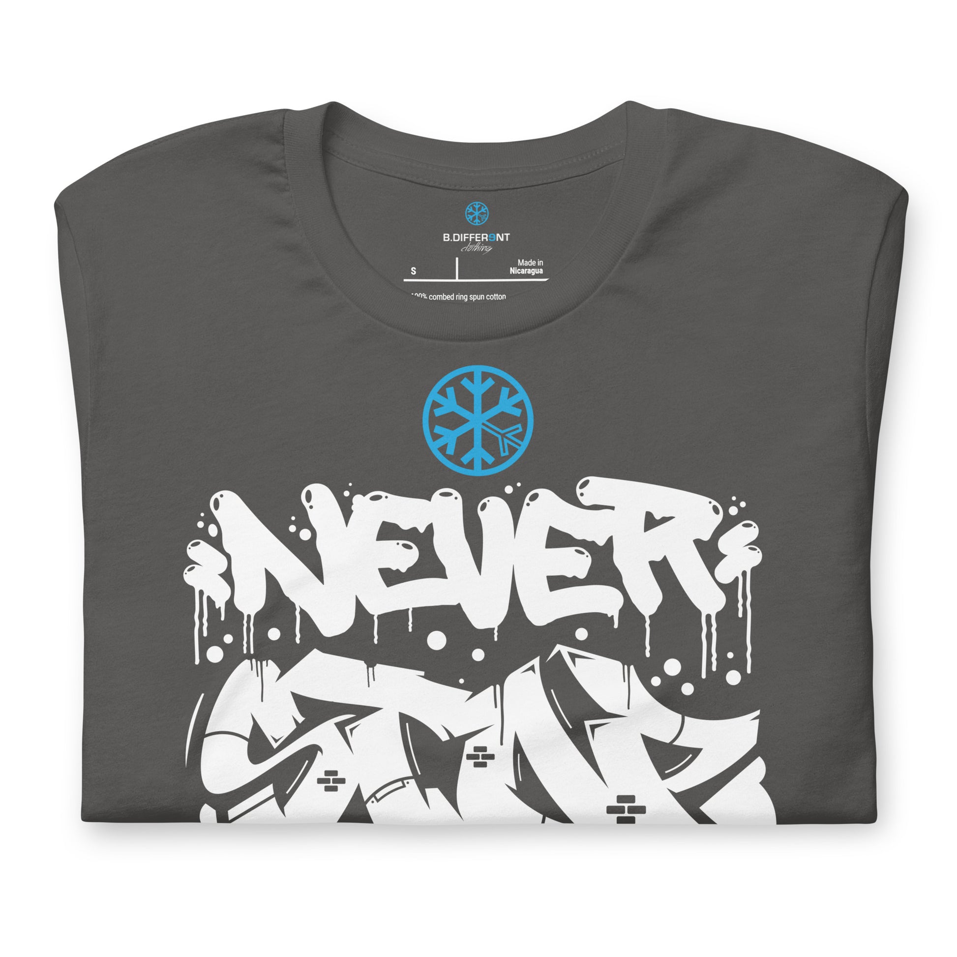 Darkgray-Never Stop Graffiti Piece Tee from B.Different Clothing, folded, graffiti-inspired streetwear t-shirt